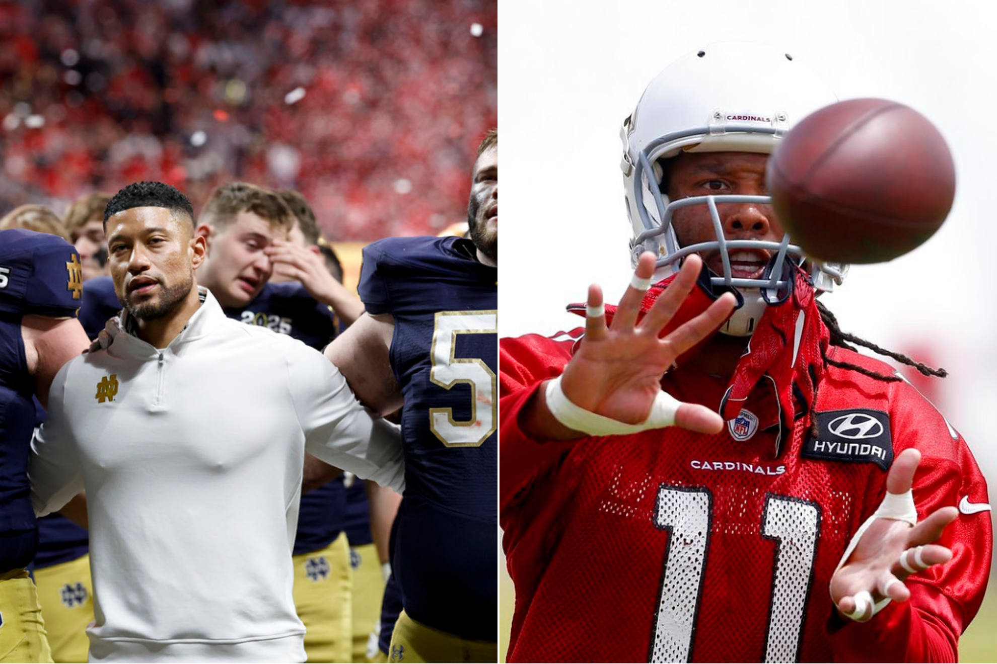 Notre Dame head coach Marcus Freeman & Larry Fitzgerald