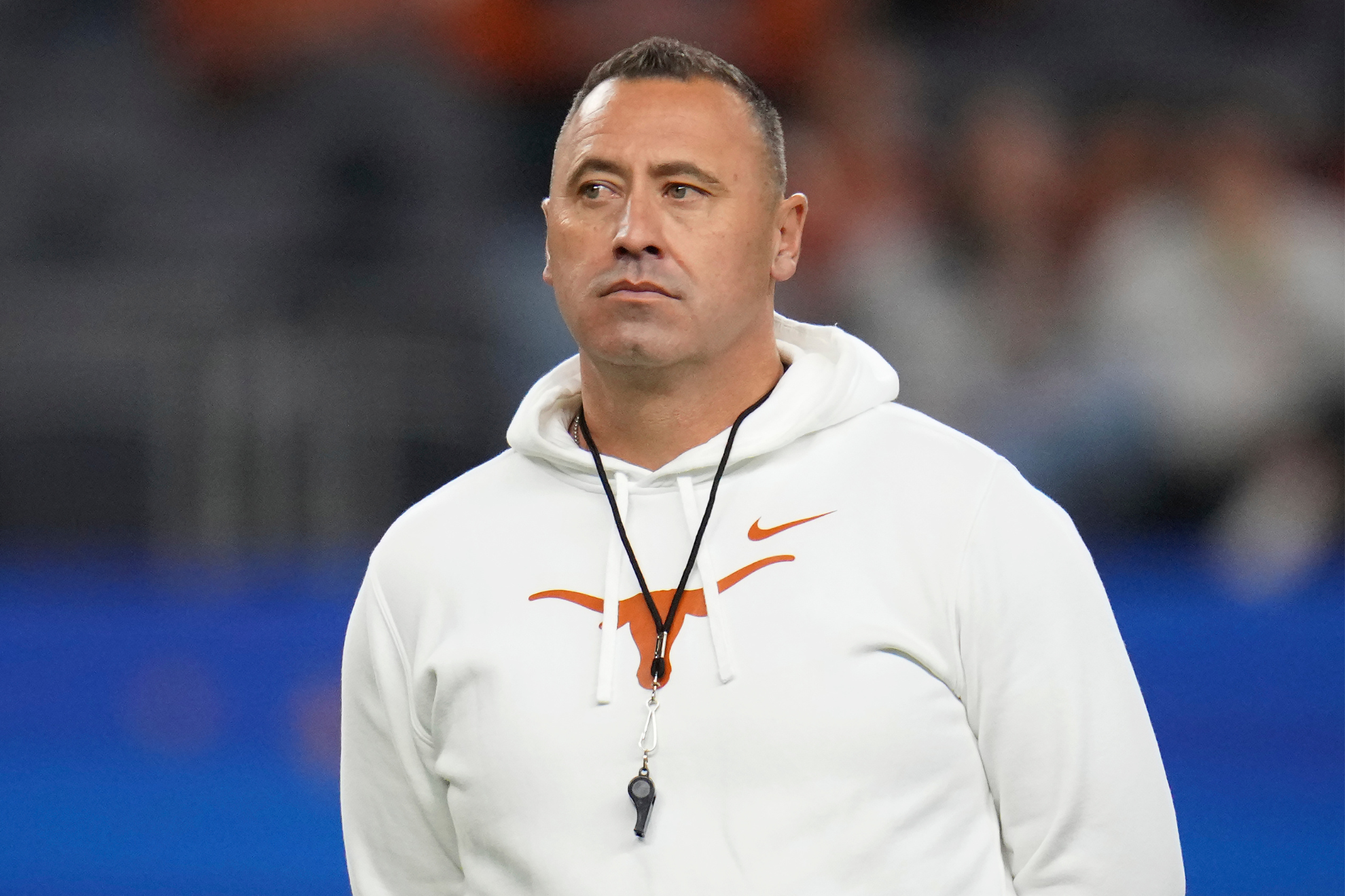 Steve Sarkisian looks on during the Cotton Bowl of the 2024 college football season, coaching the Texas Longhorns.