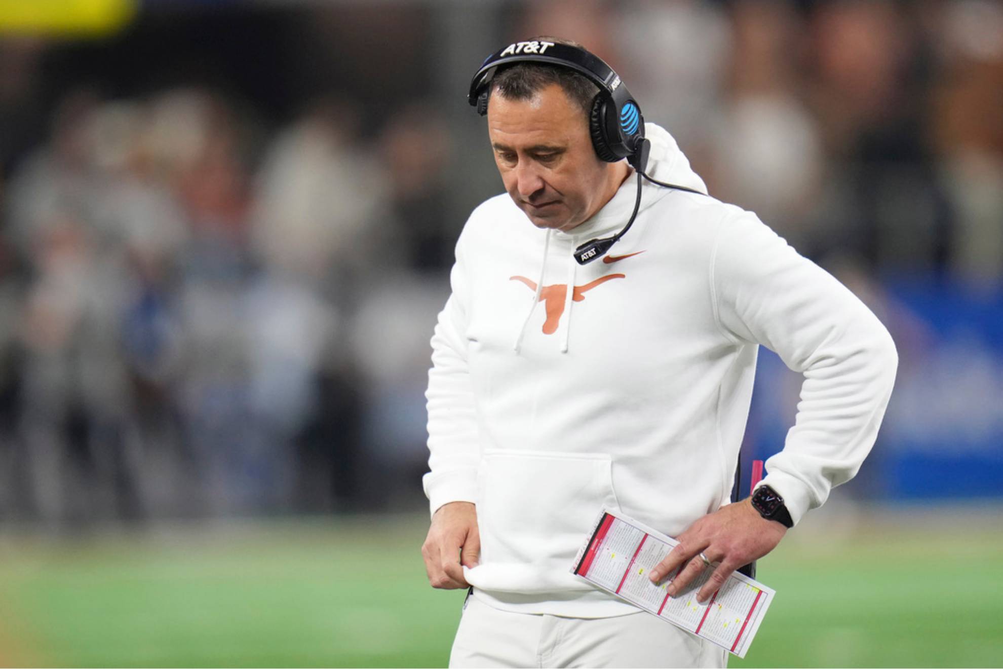 Texas head coach Steve Sarkisian reacts during the second half of the Cotton Bowl