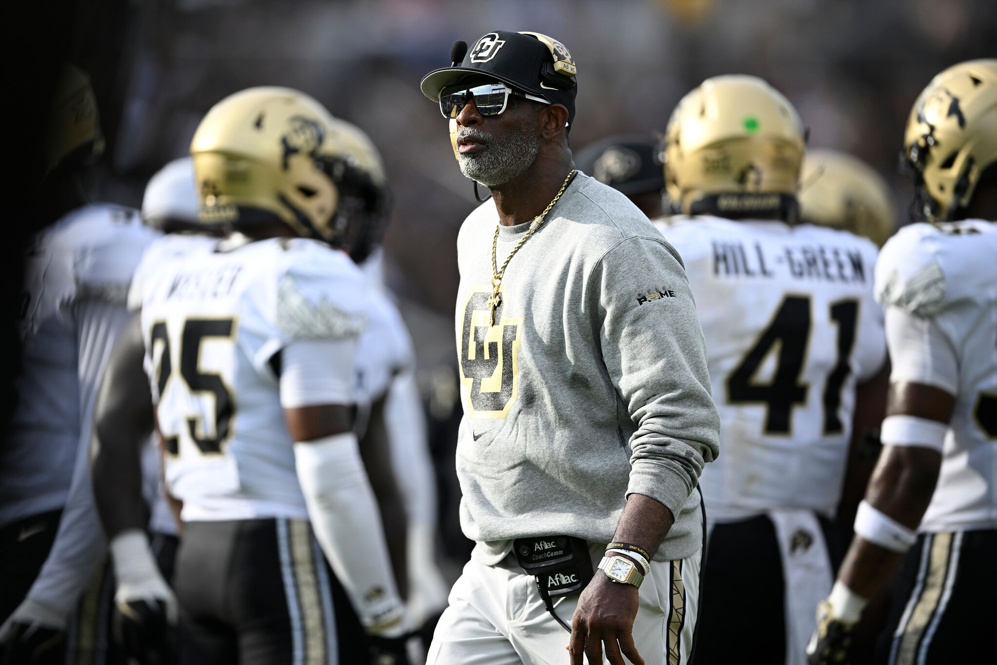 Colorado head coach Deion Sanders looks on during a timeout in a NCAA college football game against Central Florida