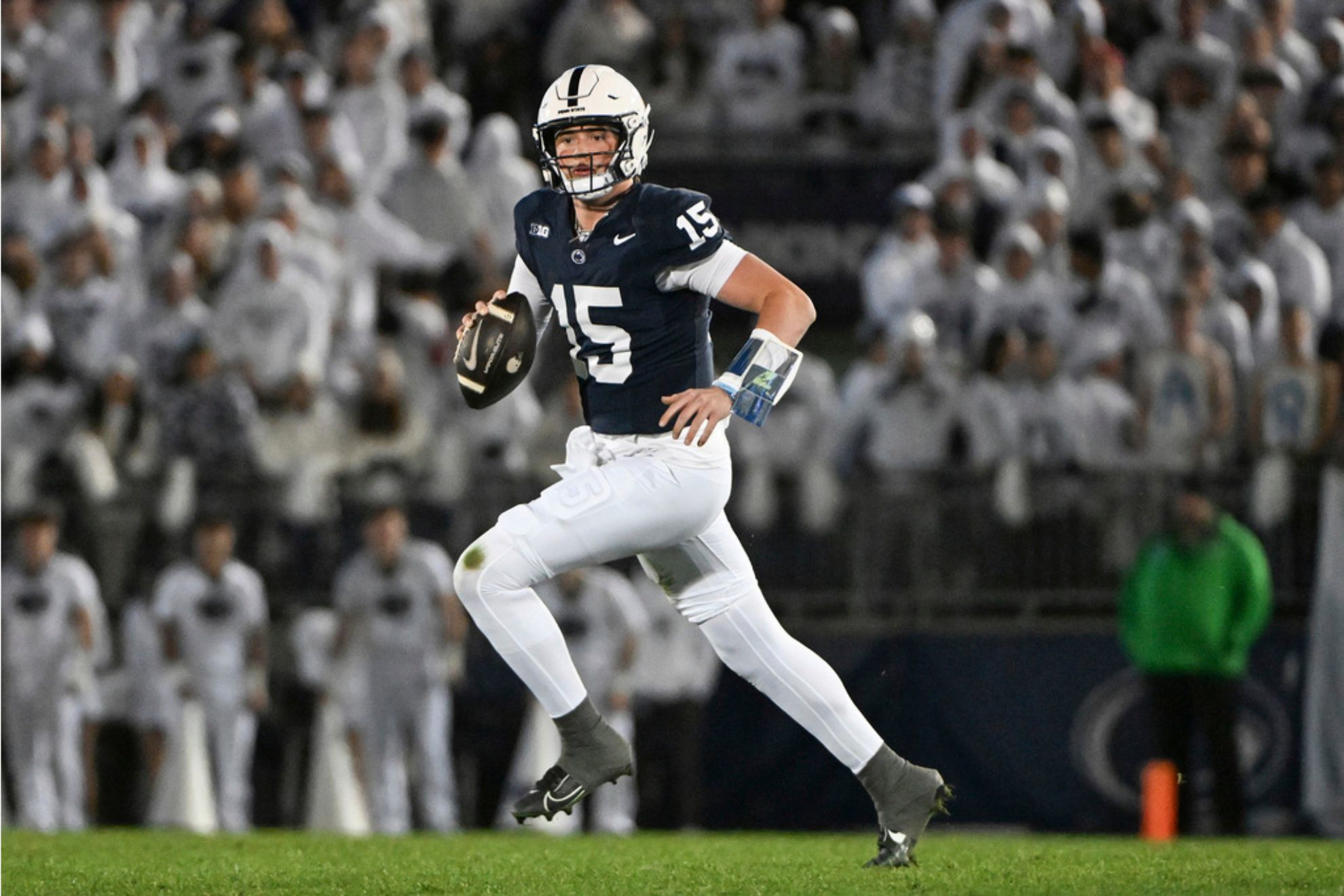 Penn State quarterback Drew Allar looks to pass during the second quarter of an NCAA college football game