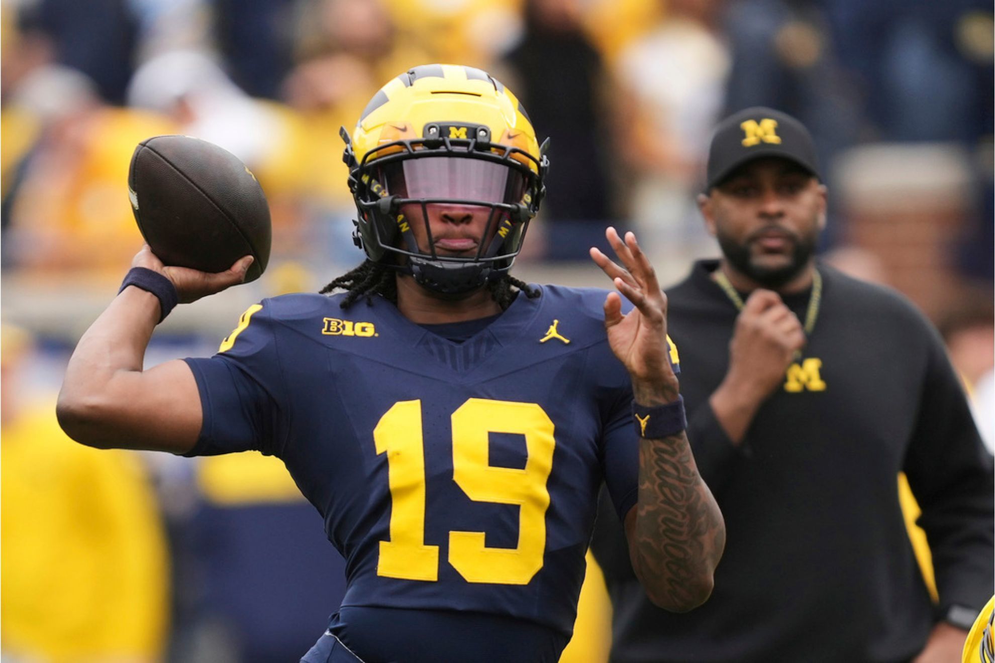 Michigan quarterback Bryce Underwood throws during an NCAA college football spring game