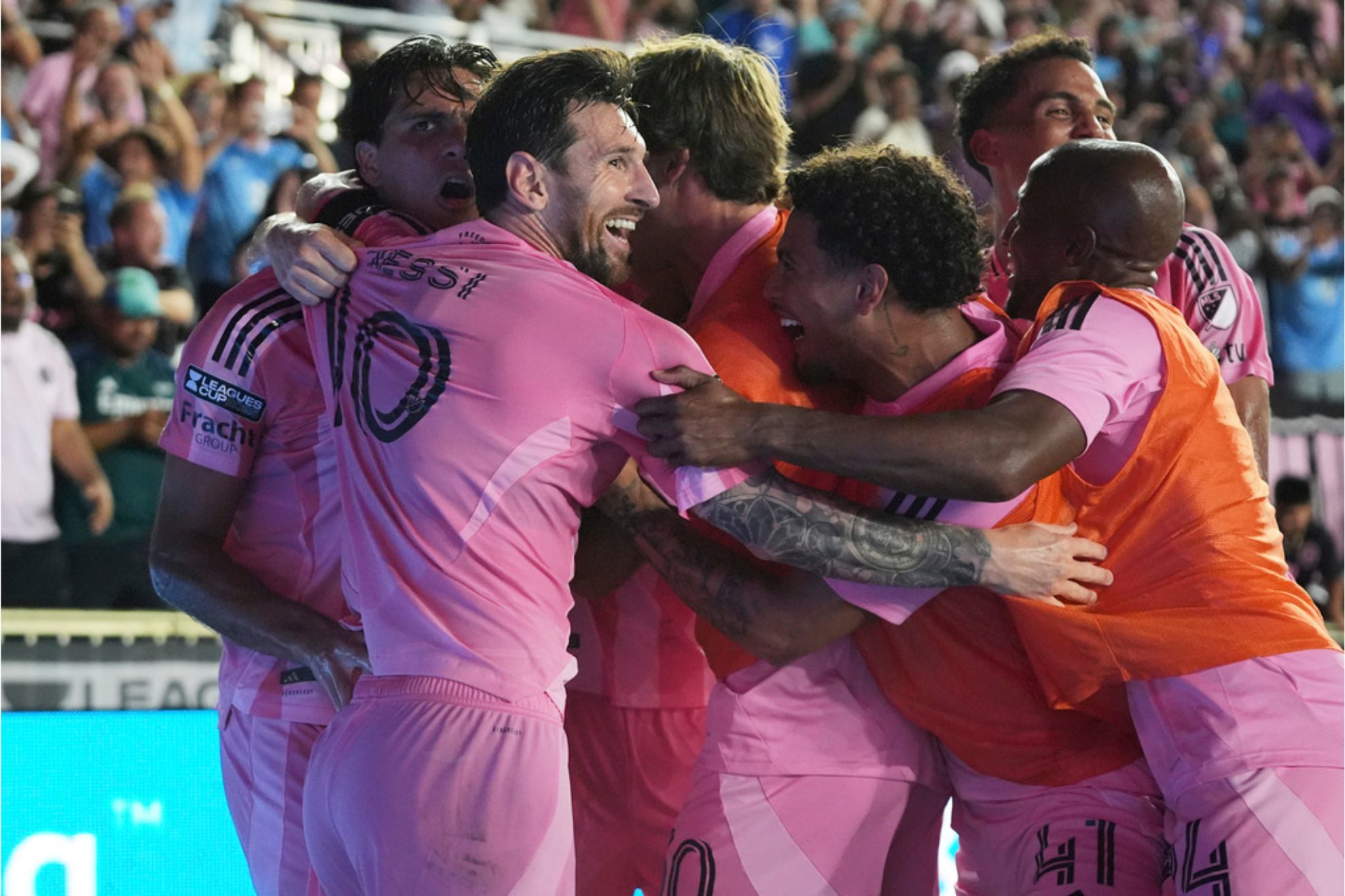 Inter Miami forward Lionel Messi celebrates with his teammates after Telasco Segovia scored a goal during the second half of a Leagues Cup semifinal
