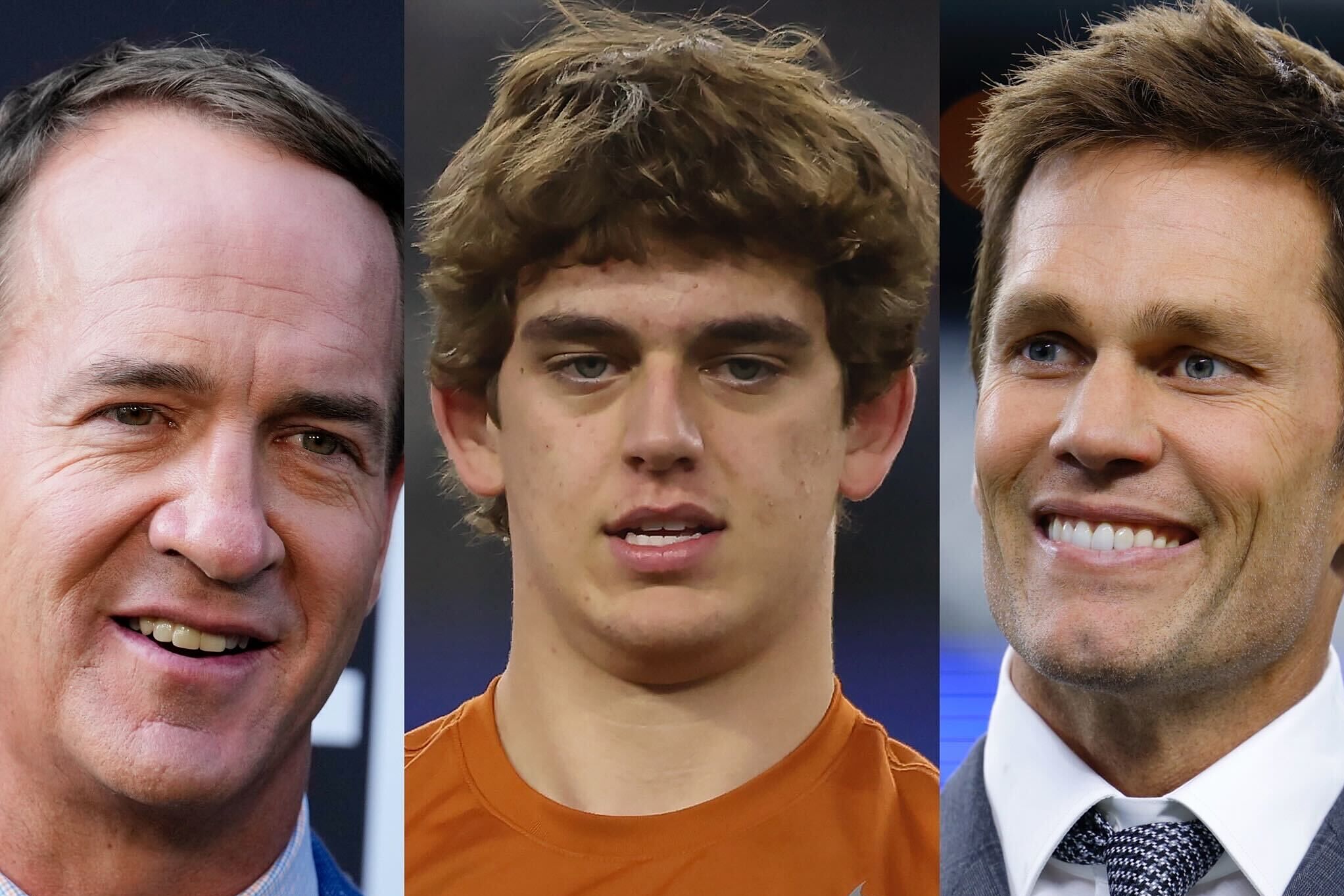 From left to right: former NFL quarterback Peyton Manning; Texas quarterback Arch Manning; and former NFL quarterback and current NFL analyst Tom Brady