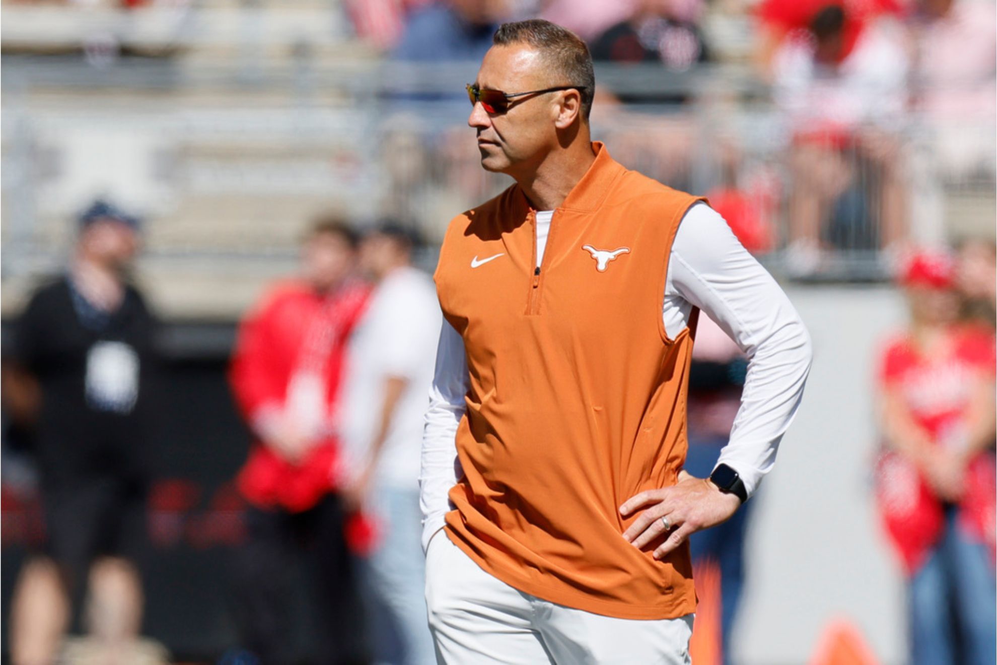 Texas head coach Steve Sarkisian walks the field before an NCAA college football game against Ohio State