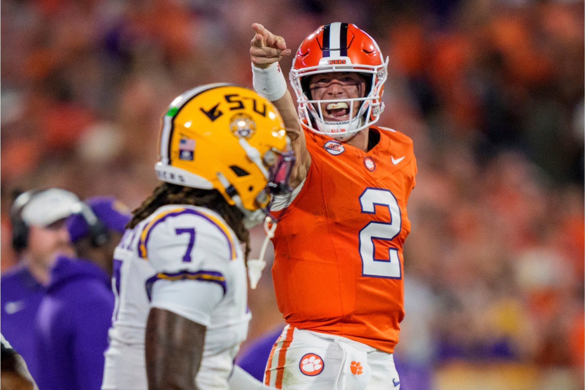 Clemson quarterback Cade Klubnik (2) reacts in the first half of an NCAA college football game against LSU