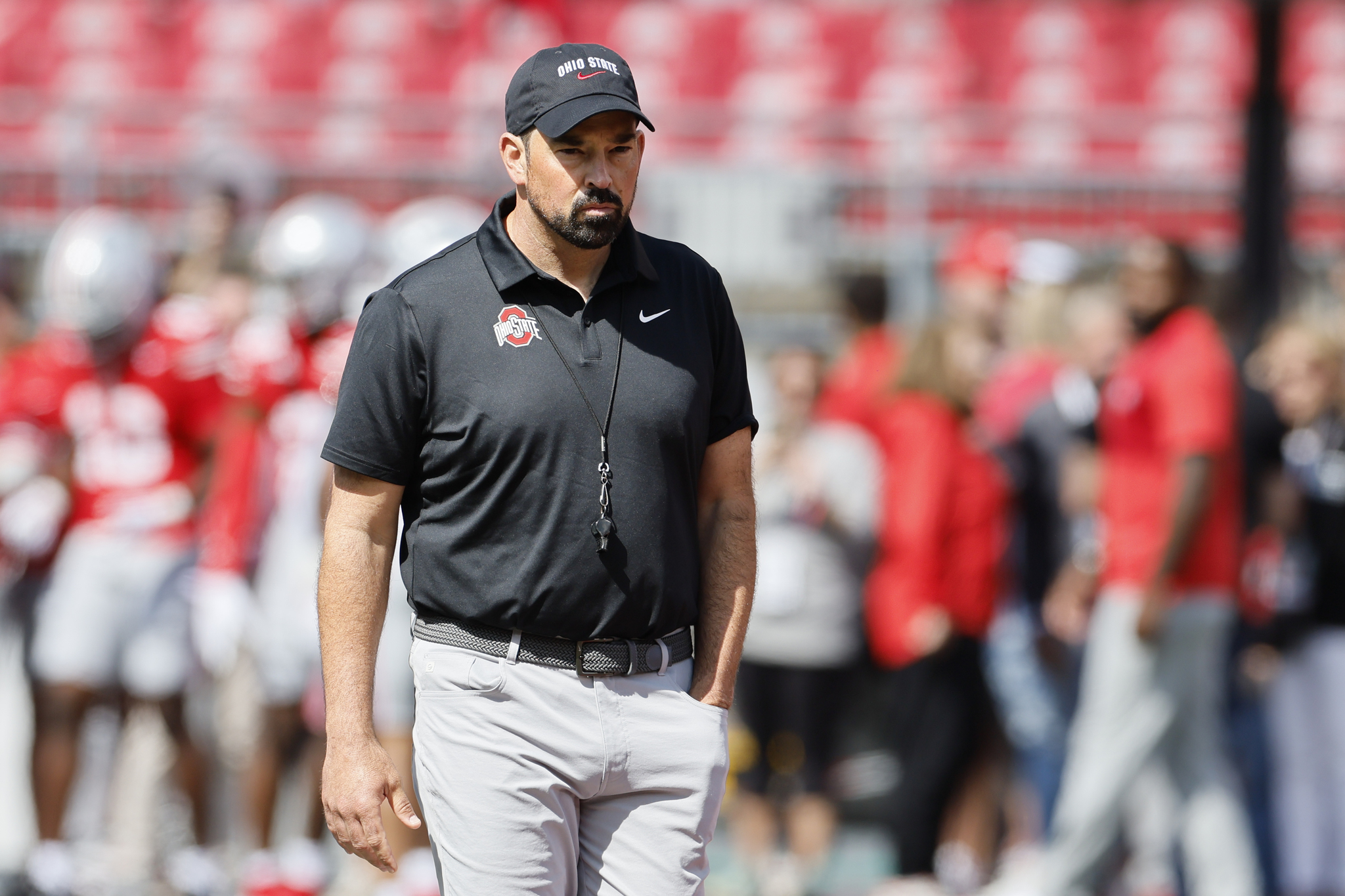 Ohio State head coach Ryan Day walks the field before an NCAA college football game against Texas, Saturday, Aug. 30, 2025, in Columbus, Ohio. (AP Photo/Jay LaPrete)