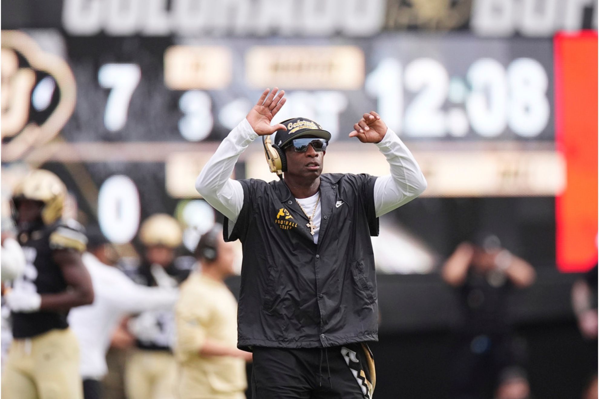 Colorado head coach Deion Sanders directs his team against Georgia Tech in the first half of an NCAA college football game