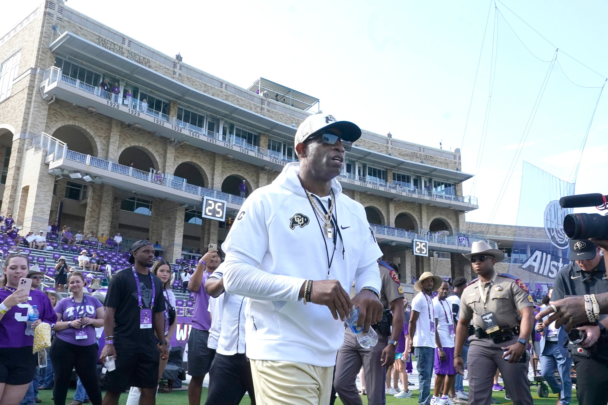 Colorado head coach Deion Sanders walks the field before an NCAA college football game against TCU Saturday, Sept. 2, 2023, in Fort Worth, Texas. (AP Photo/LM Otero,File)