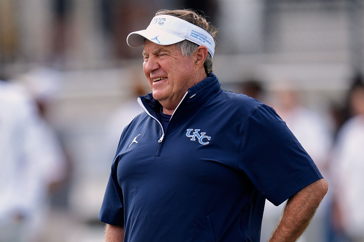 Bill Belichick smiles before a UNC football game during the 2025 college football season.