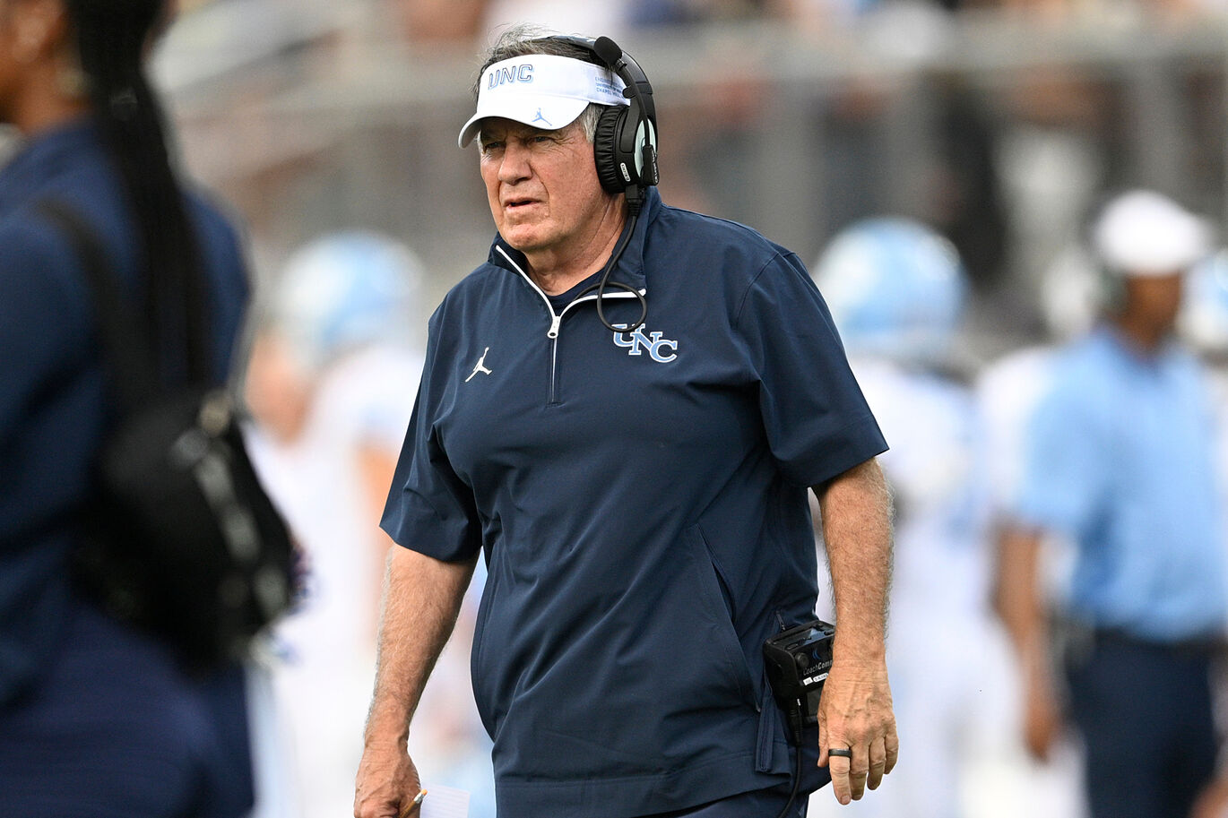 Bill Belichick coaches the North Carolina Tar Heels in a game against the UCF Golden Knights.