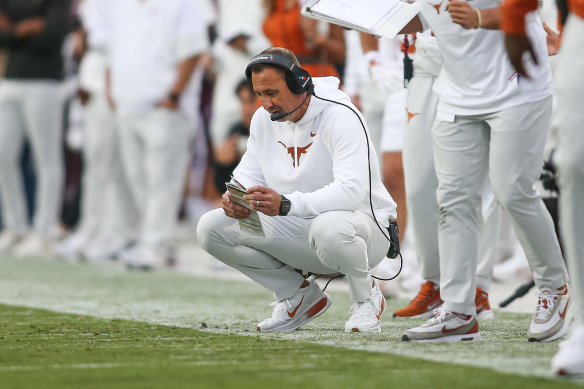 Texas head coach Steve Sarkisian coaches from the sidelines against Mississippi State