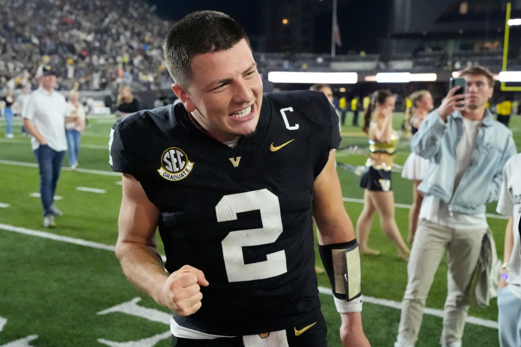 Vanderbilt quarterback Diego Pavia celebrates the team's overtime win