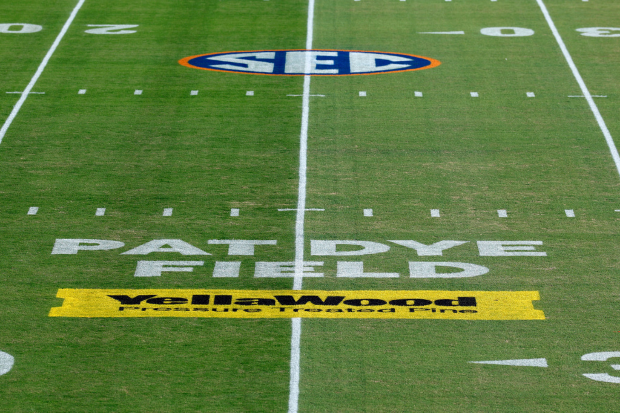 A YellaWood logo is displayed on Pat Dye Field before an NCAA college football game between Auburn and Missouri