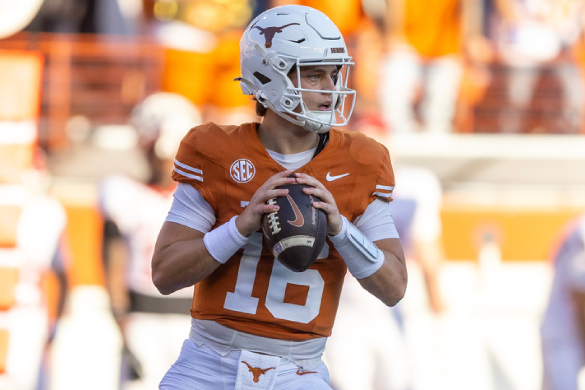 Arch Manning drops back to pass during a Texas Longhorns game during the 2025 college football season.