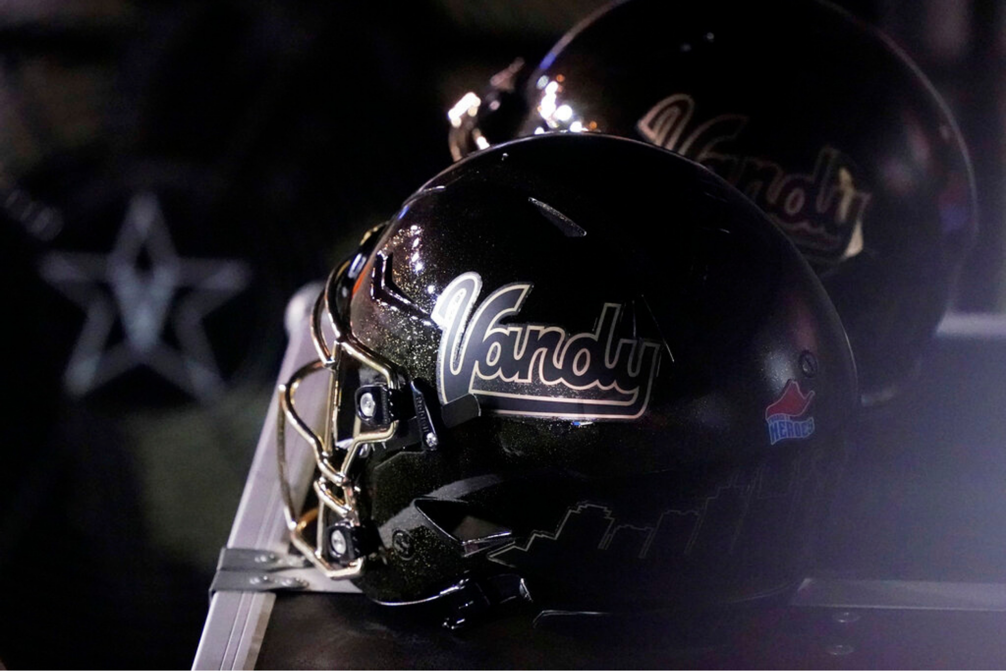 Vanderbilt helmets sit on an equipment trunk in the second half of an NCAA college football game