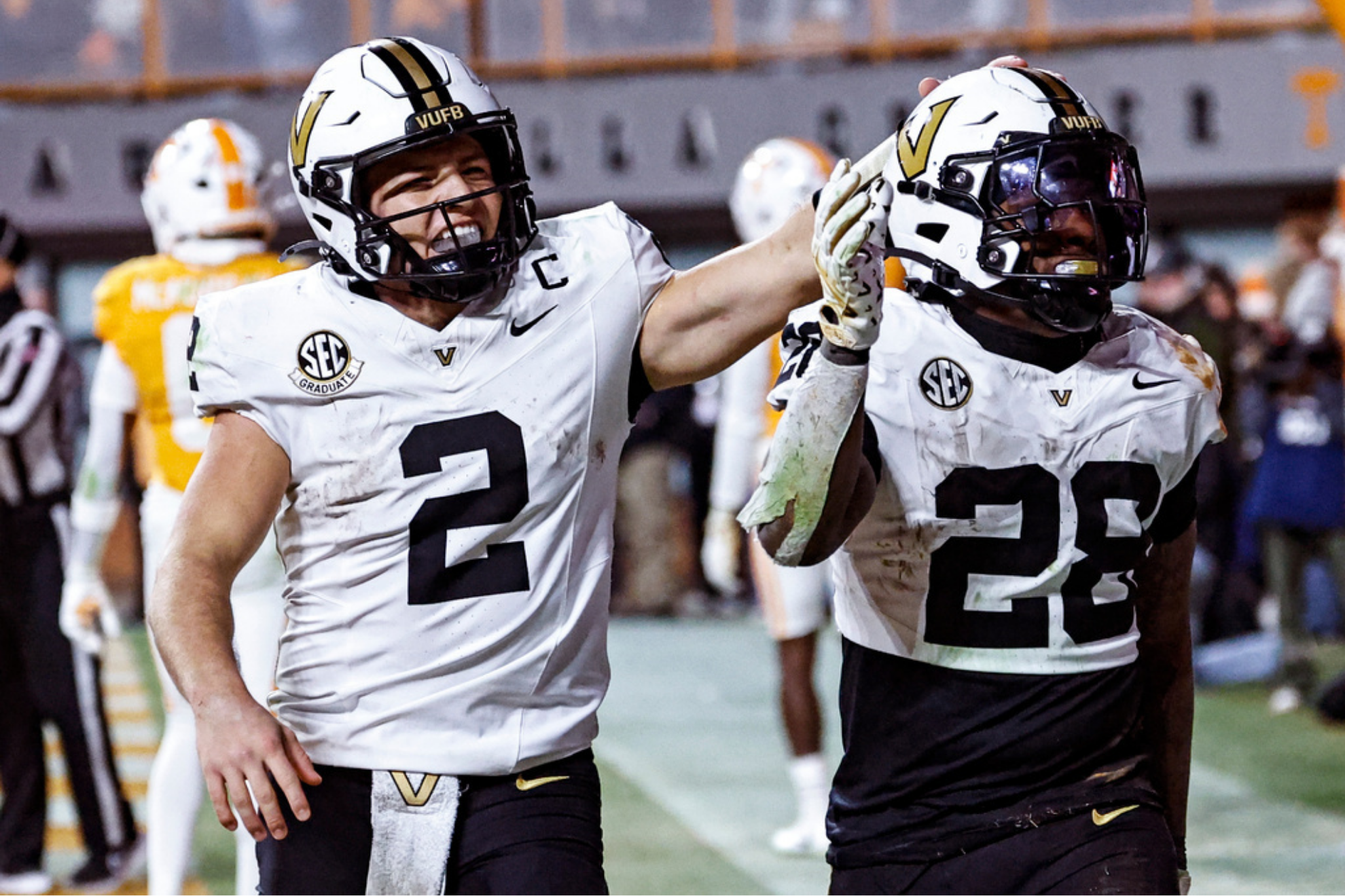 Vanderbilt running back Sedrick Alexander (28) celebrates with quarterback Diego Pavia (2) after scoring a touchdown