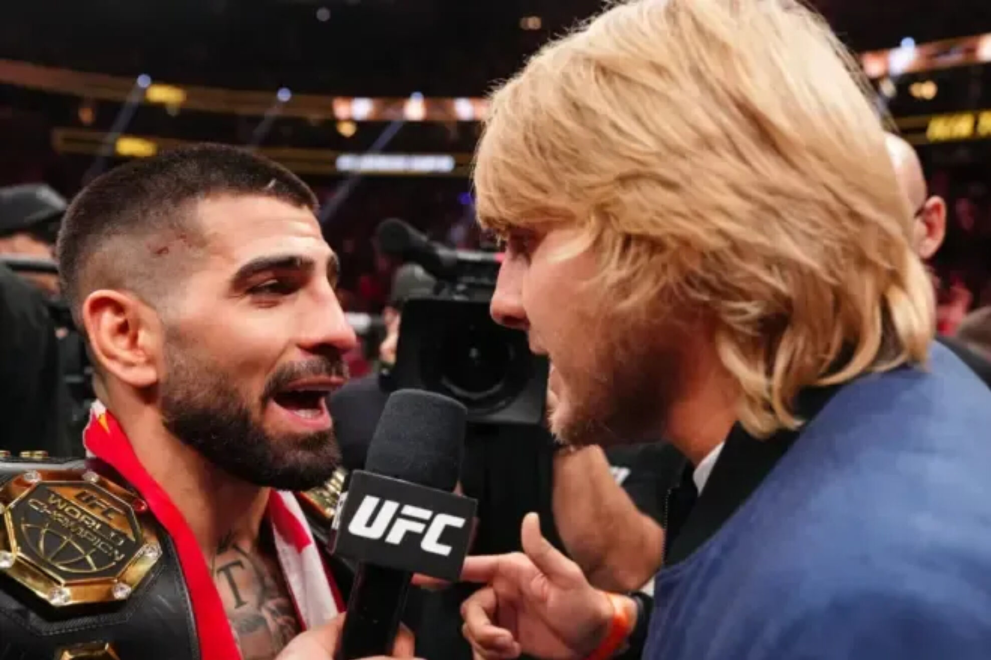 Face-off between Ilia Topuria and Paddy Pimblett at UFC 317.