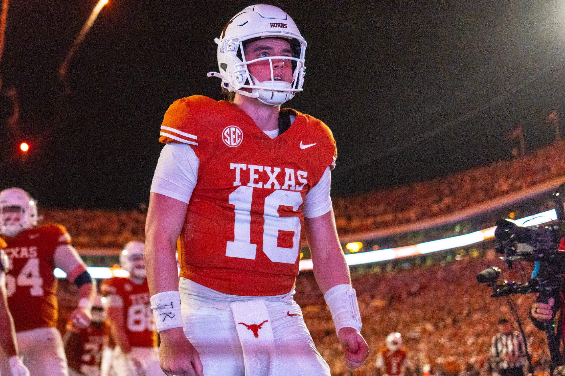 Arch Manning celebrates after scoring a touchdown for the Texas Longhorns against Texas A&M.