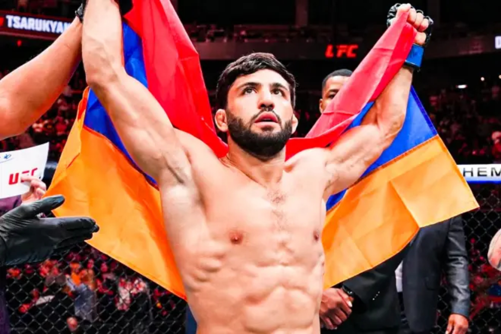 Arman Tsarukyan celebrating a victory in the UFC.
