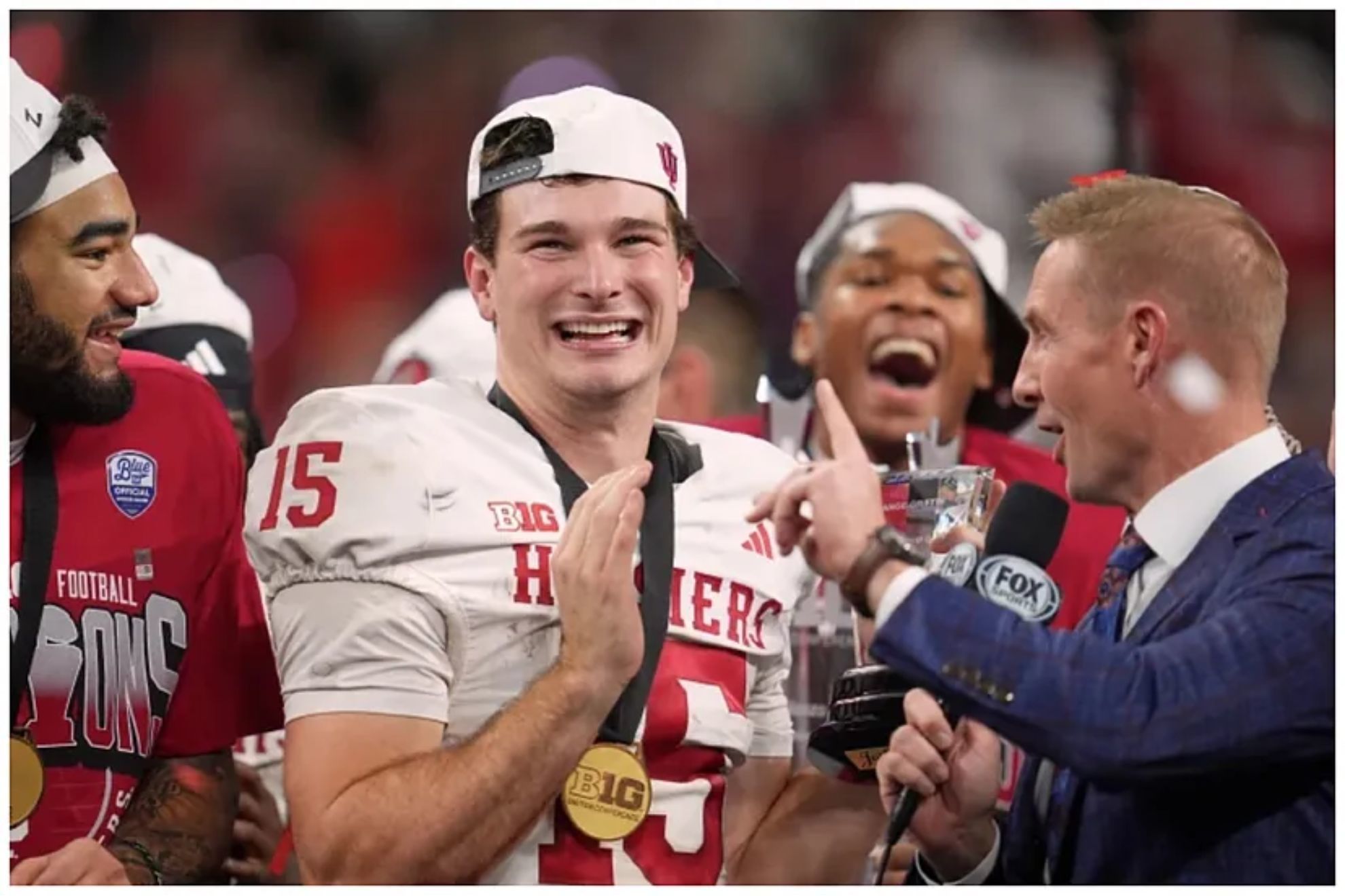 Fernando Mendoza celebrates after after the Big Ten championship NCAA college football game against Ohio State