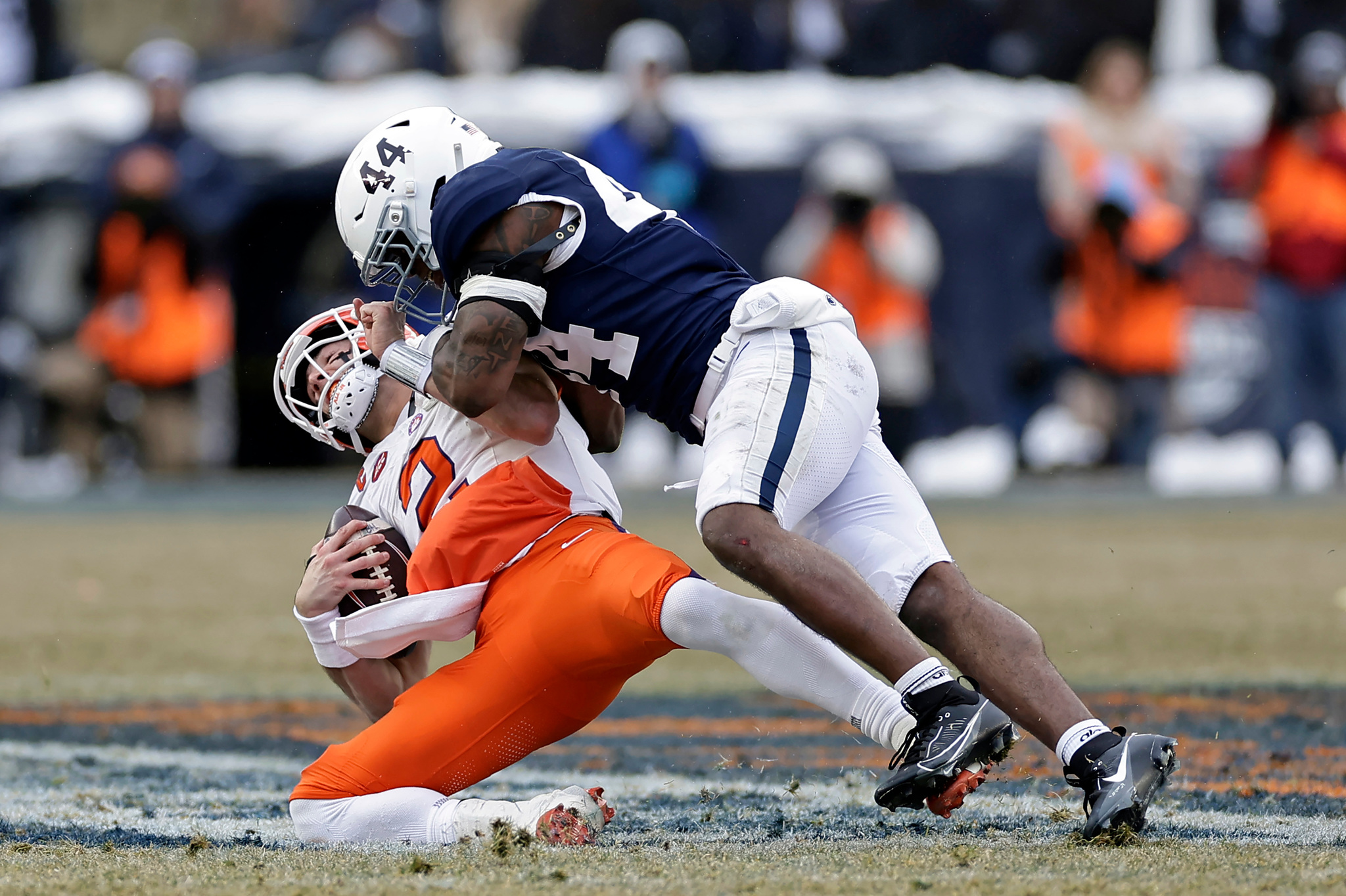 Penn State defensive end Jaylen Harvey (44) sacks Clemson quarterback Cade Klubnik (2) during the first half of the Pinstripe Bowl.