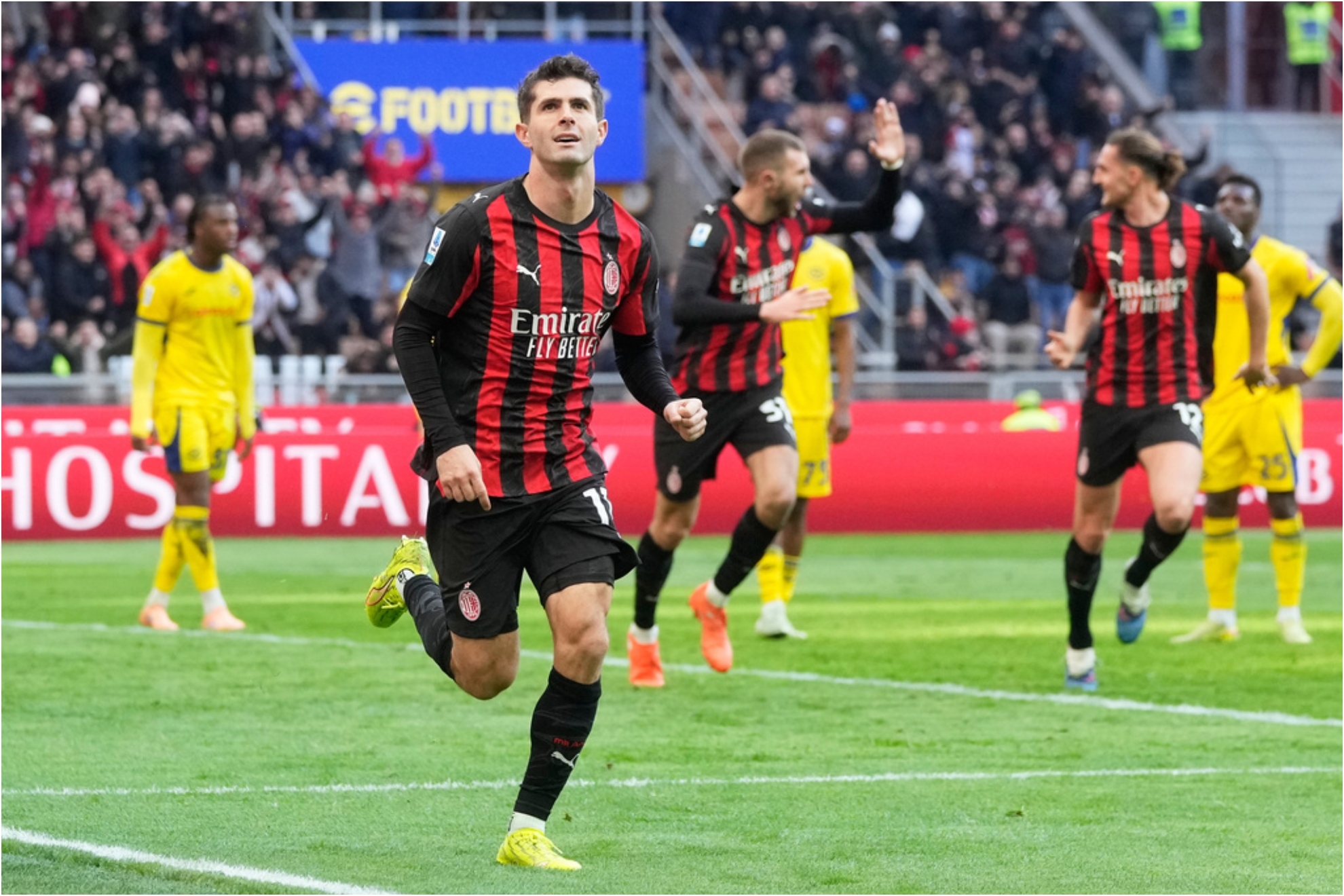AC Milan's Christian Pulisic celebrates after scoring his side's first goal.