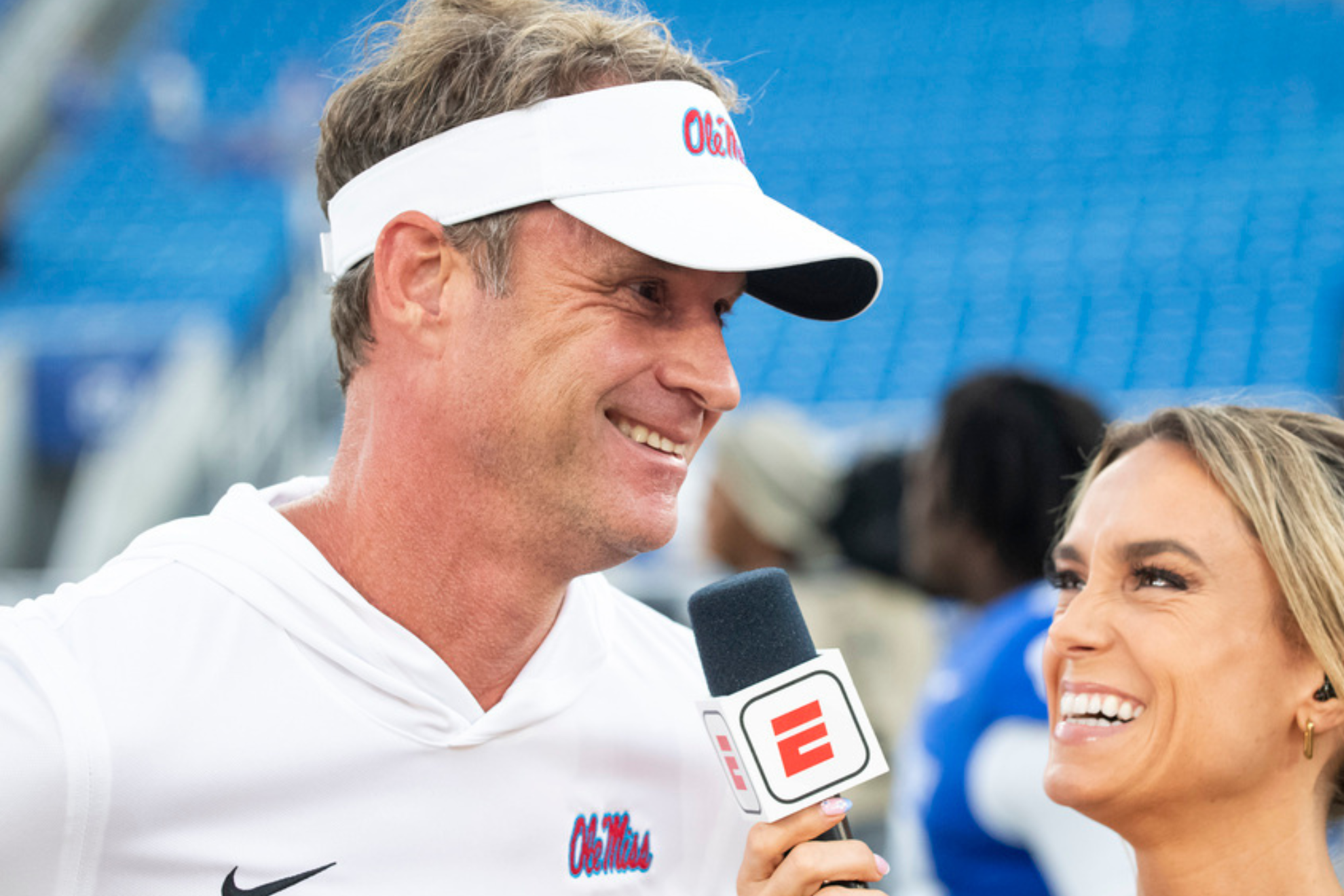 Mississippi head coach Lane Kiffin is interviewed after a NCCA college football game