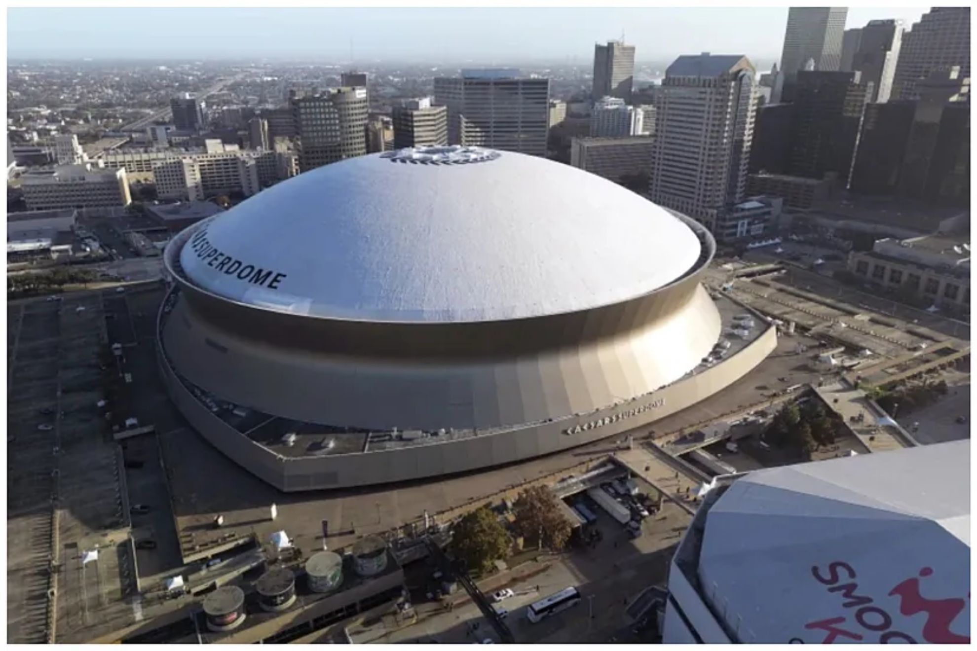 An aerial overall exterior general view of Caesars Superdome, Sunday, Dec. 15, 2024, in New Orleans.