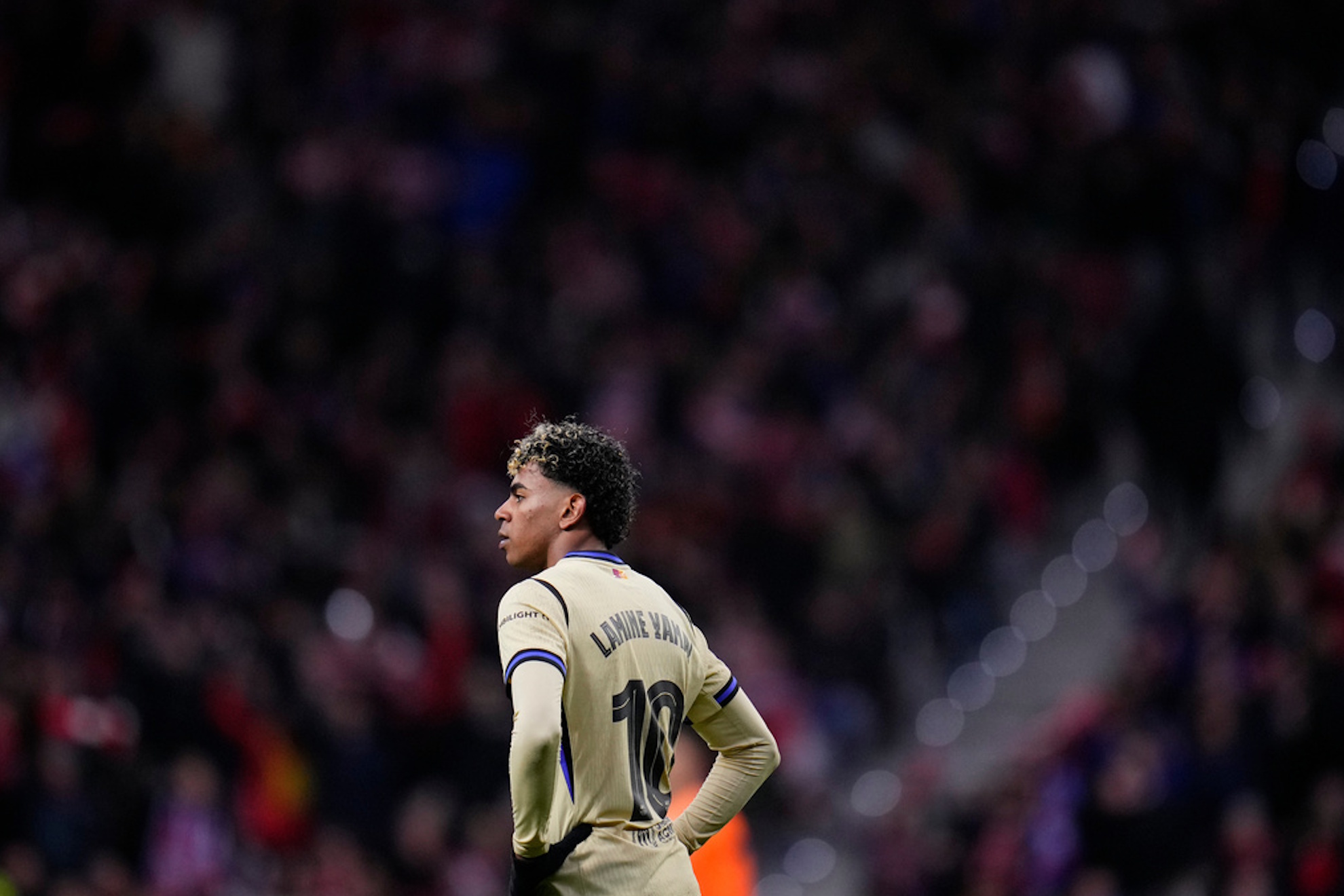 Barcelona's Lamine Yamal reacts.