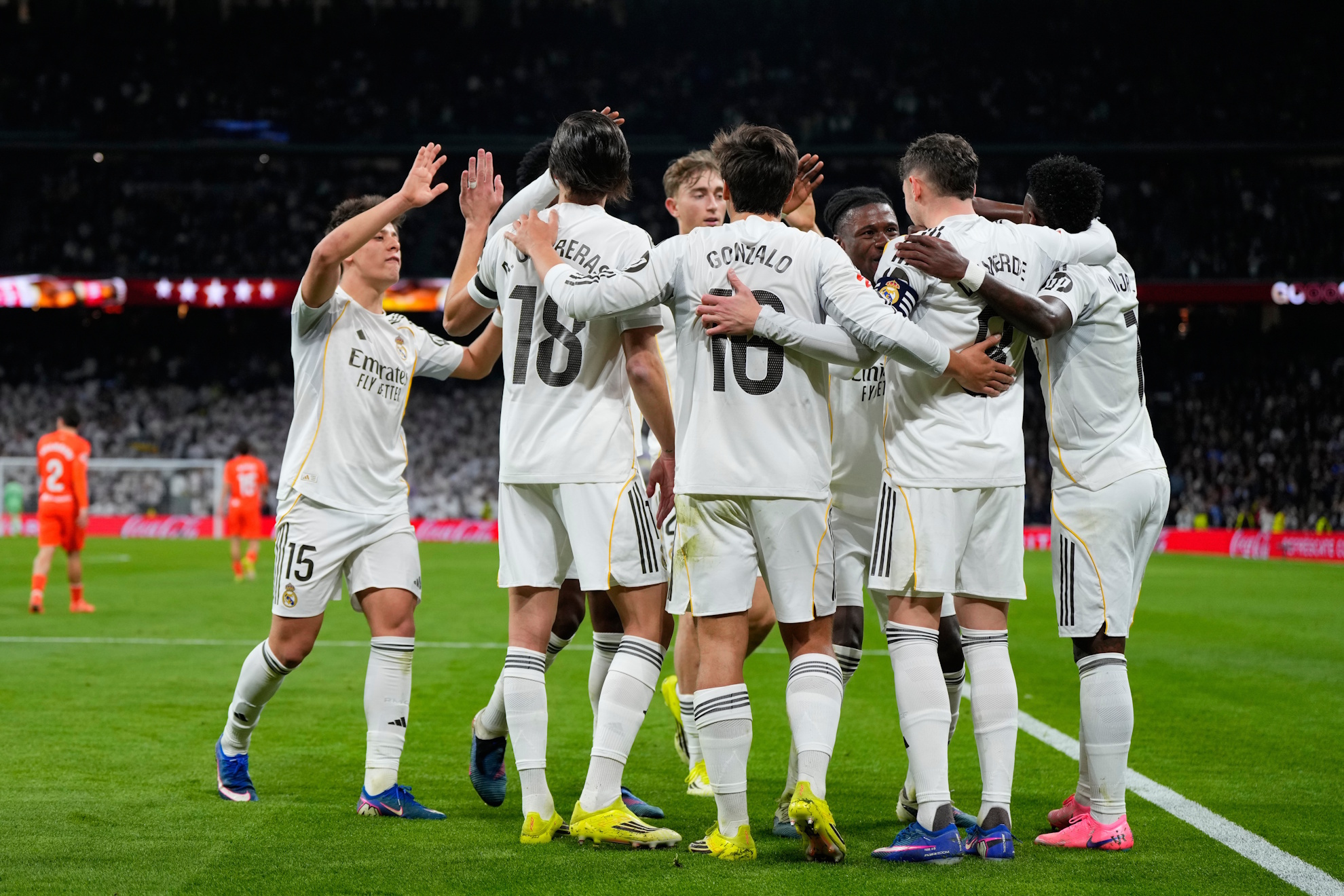 Real Madrid's Federico Valverde is congratulated after scoring.