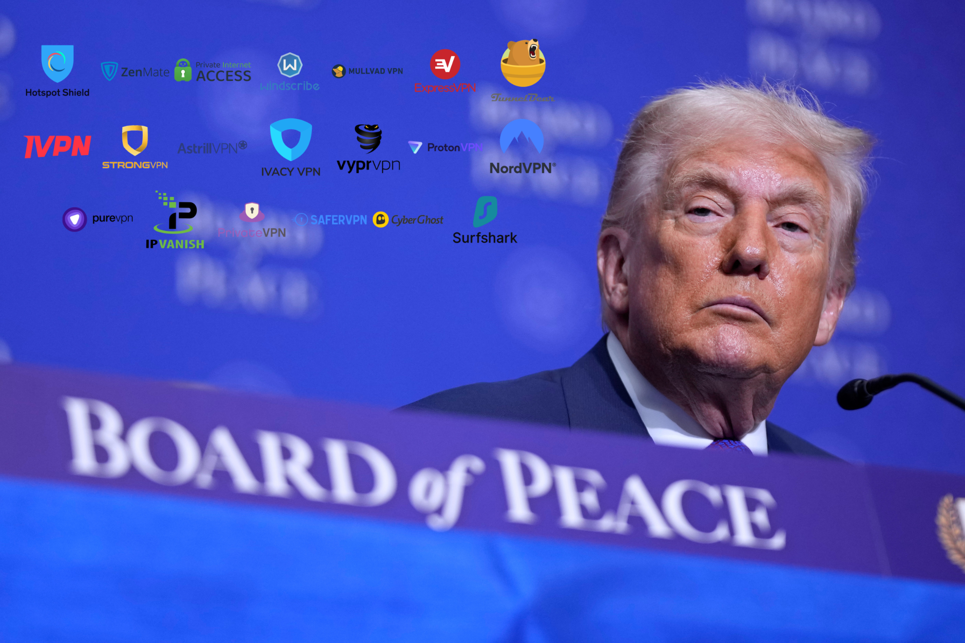 A montage of a photo of Donald Trump with VPN logos.