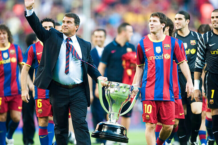 FC Barcelona fans may never see Joan Laporta (left) and Lionel Messi (right) work together again.