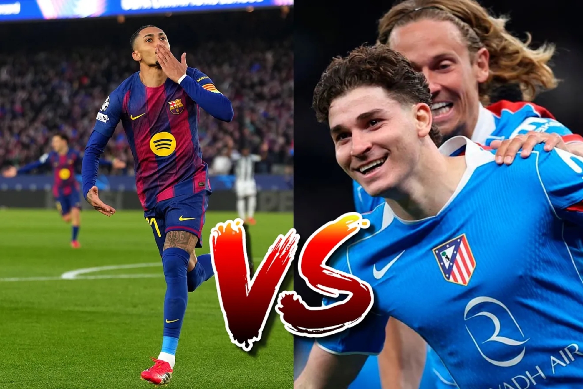 Raphinha, Julián Álvarez, and Llorente celebrate the victories of Barcelona and Atlético Madrid in the Champions League.