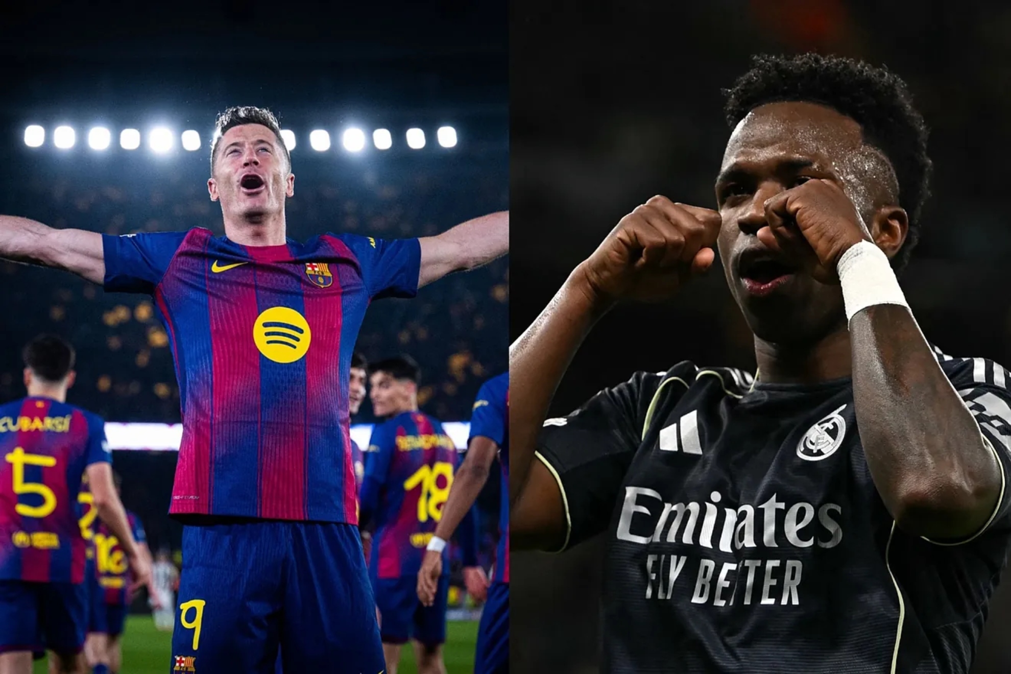 Lewandowski and Vinicius with their goals in the Champions League round of 16.