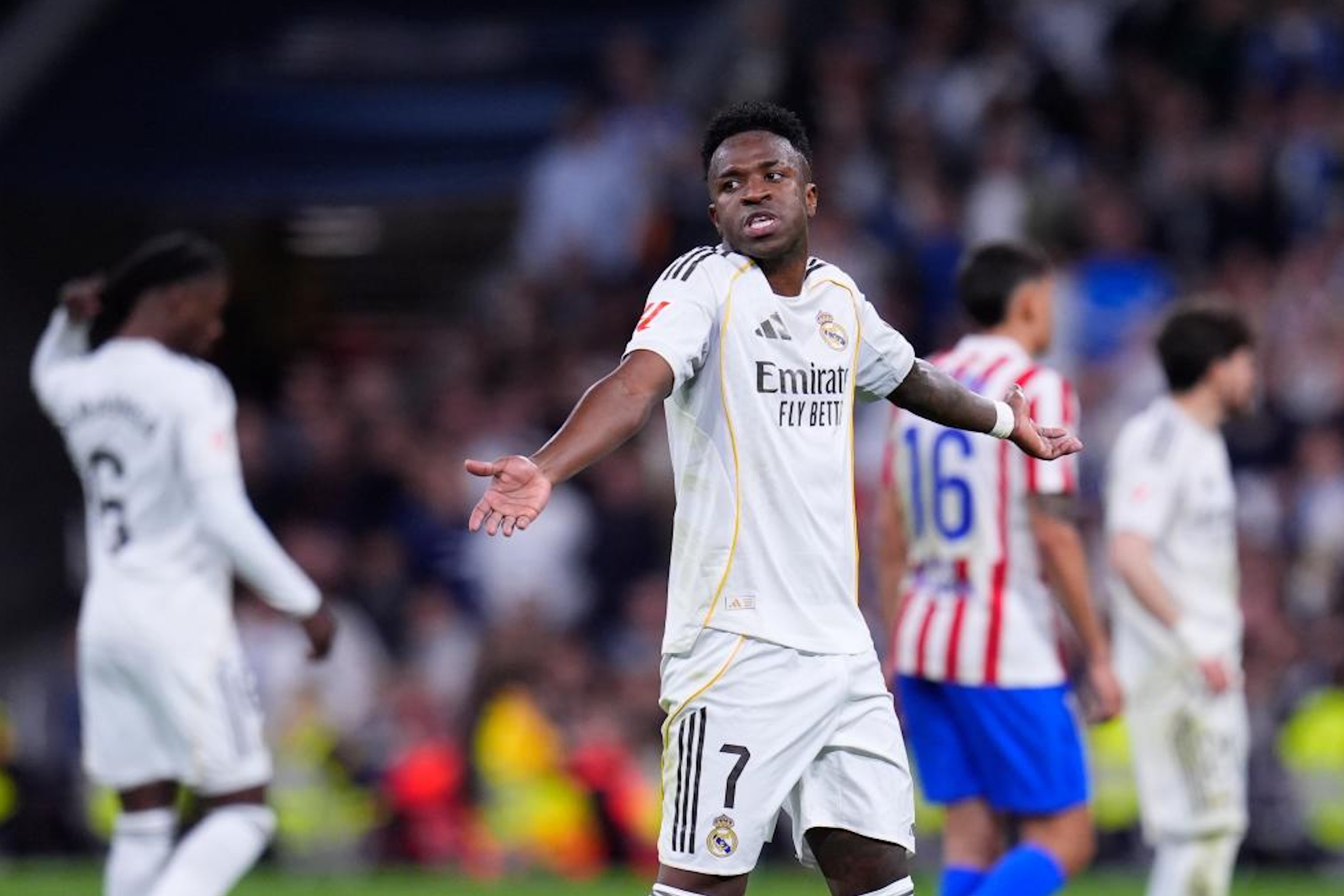 Vinicius during the match against Atletico at the Santiago Bernabeu.