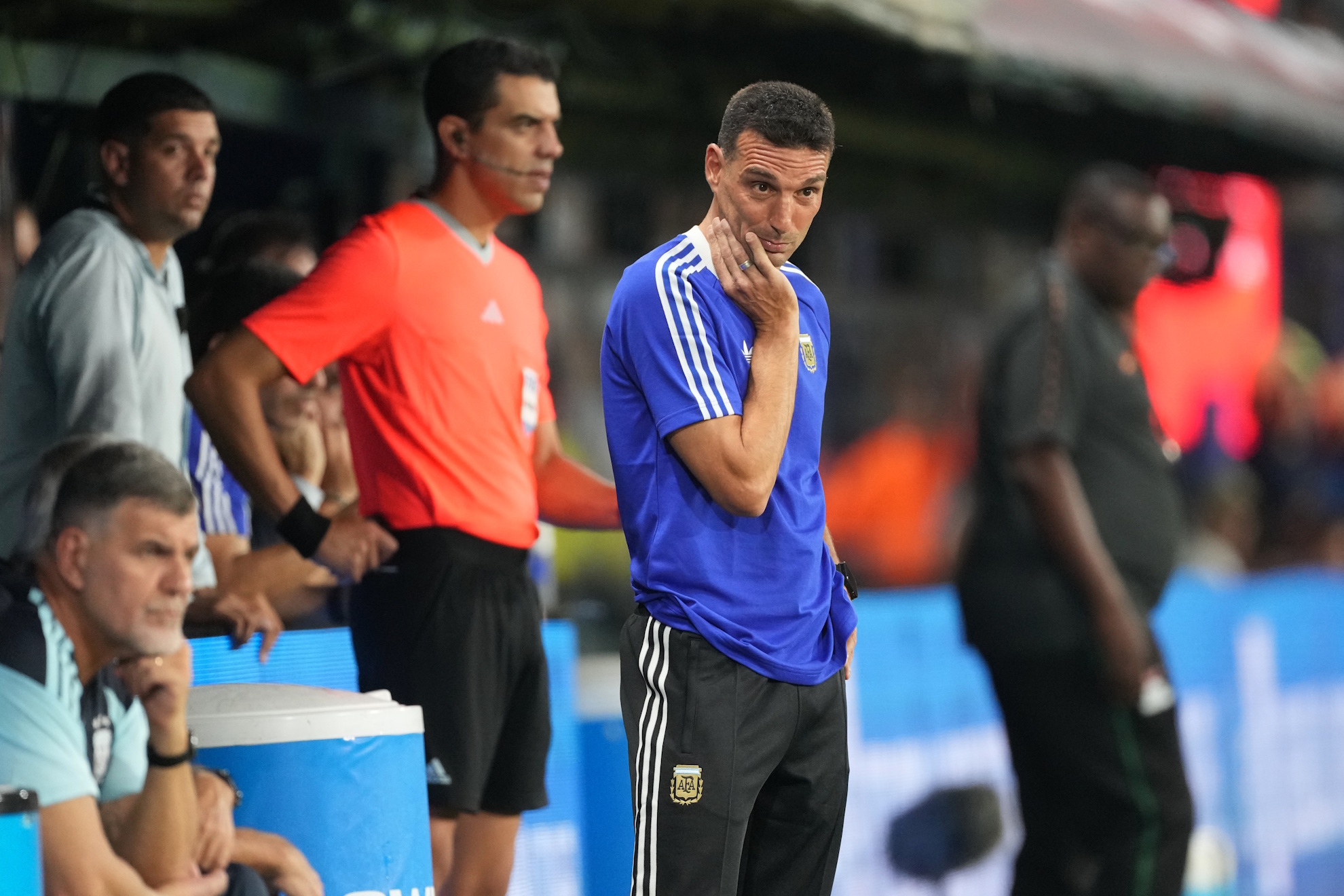 Argentina's coach Lionel Scaloni watches his tema play against Zambia.