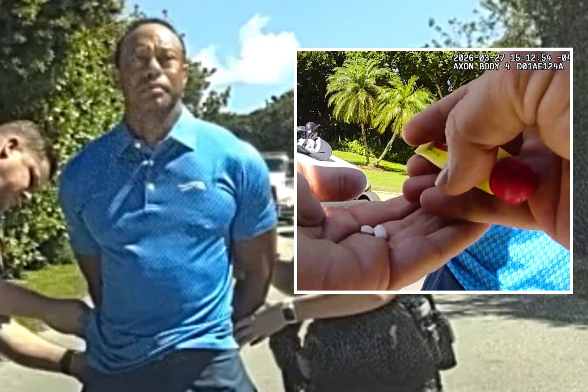 In this image from police body camera video released by the Martin County, Fla., Sheriff's Office, golfer Tiger Woods is taken into custody by sheriff's deputies following a car crash in Jupiter Island, Fla., Friday, March 27, 2026.