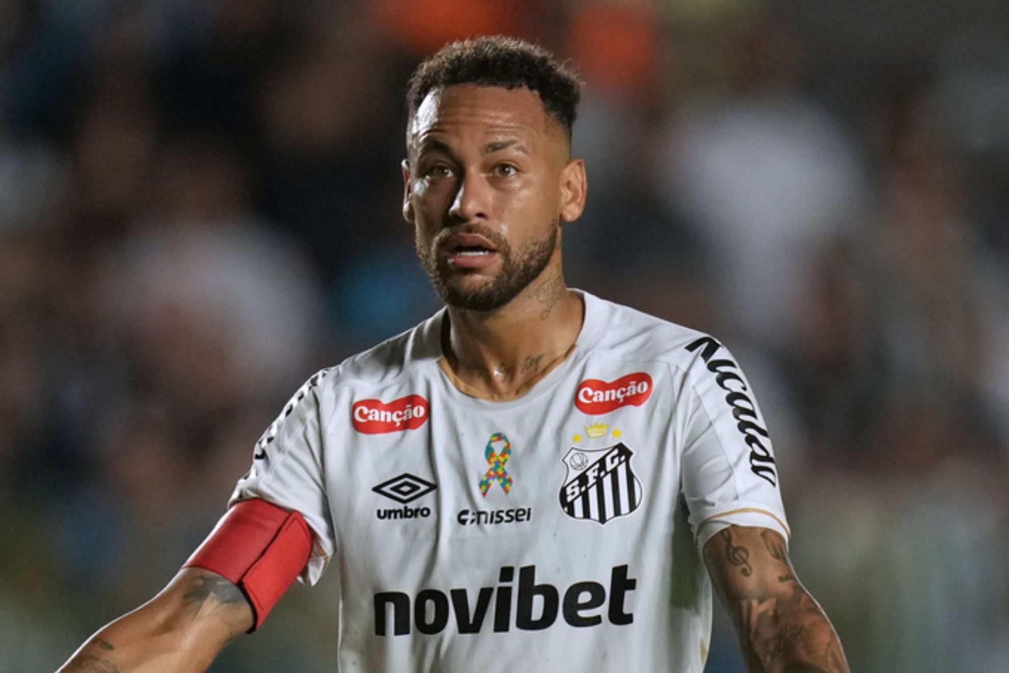 Santos' Neymar reacts during a Brazilian soccer league match against Remo in Santos, Brazil, Thursday, April 2, 2026.
