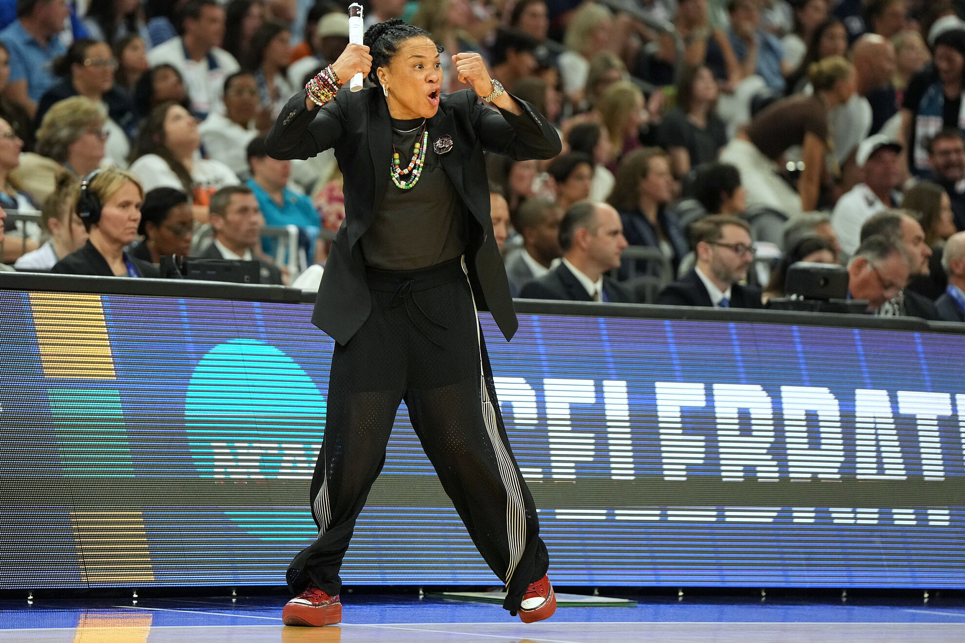 South Carolina head coach Dawn Staley reacts during the first half of a woman's NCAA college basketball tournament semifinal game