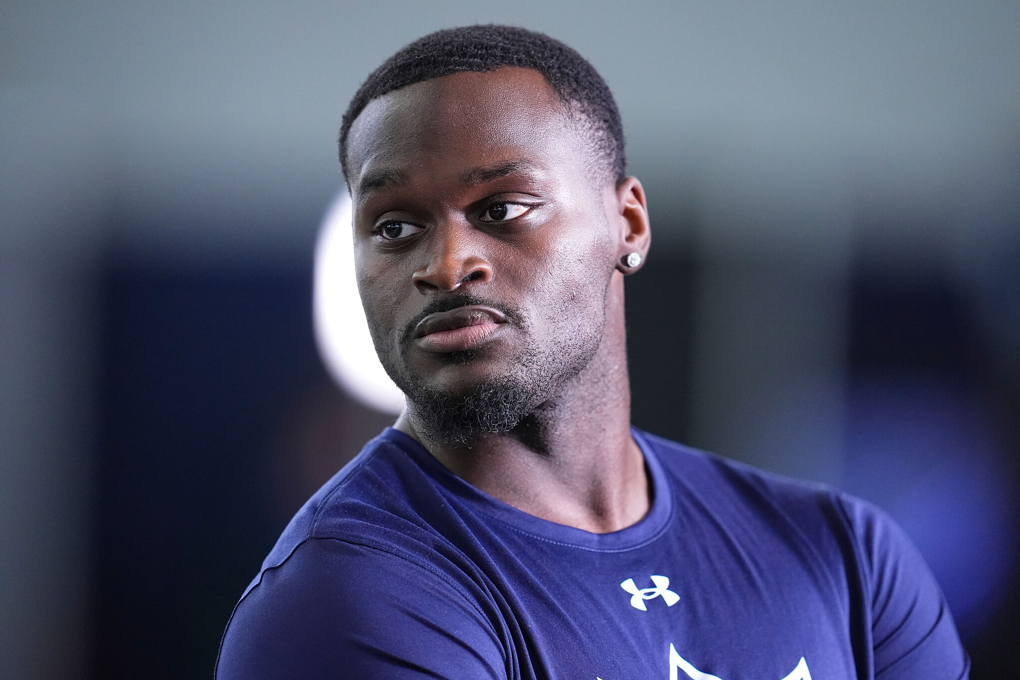 Notre Dame running back Jeremiyah Love watches drills during the school's NFL Pro Day in South Bend