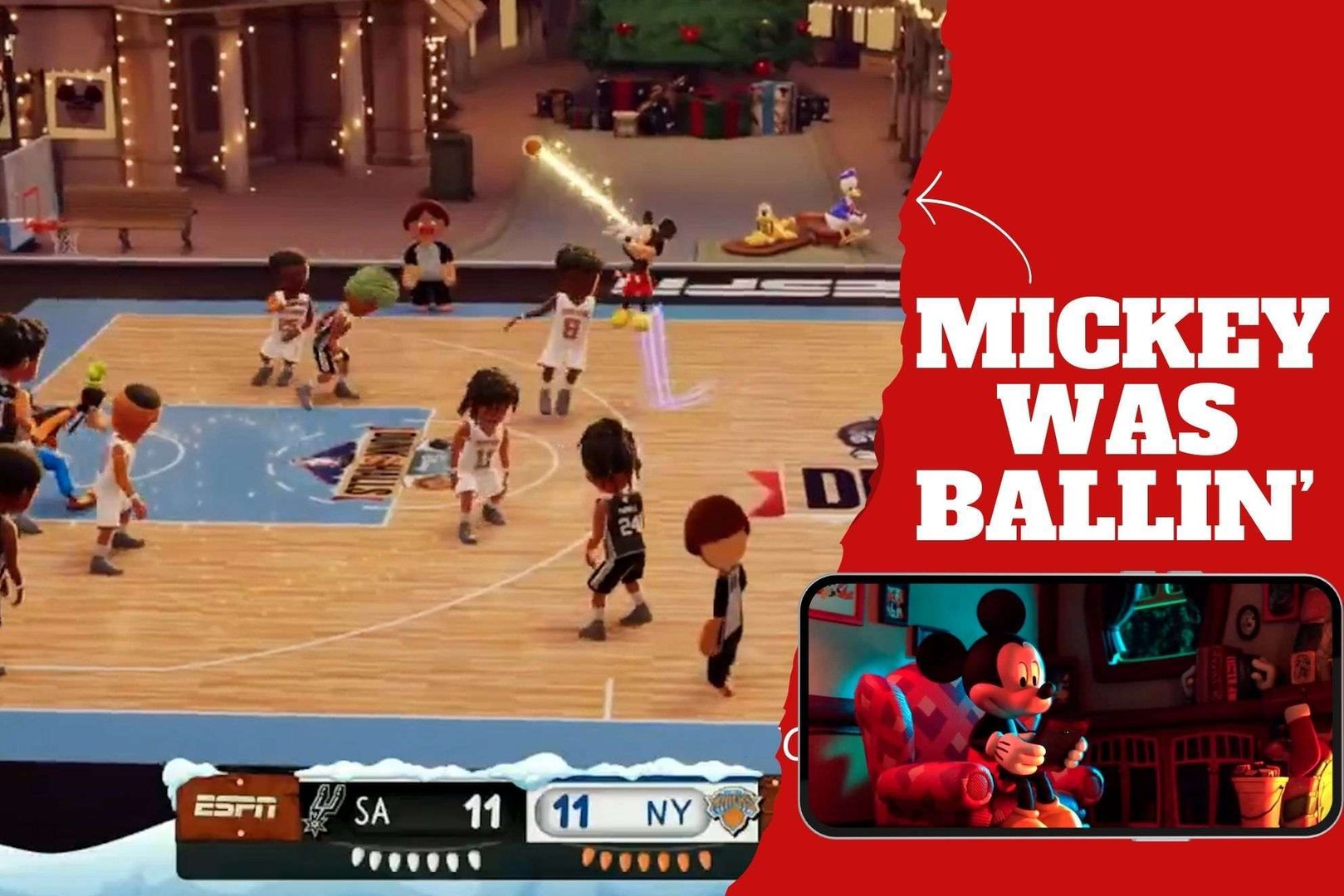 Mickey Mouse imitates Steph Curry as he hits a three pointer and catches fire against the New York Knicks