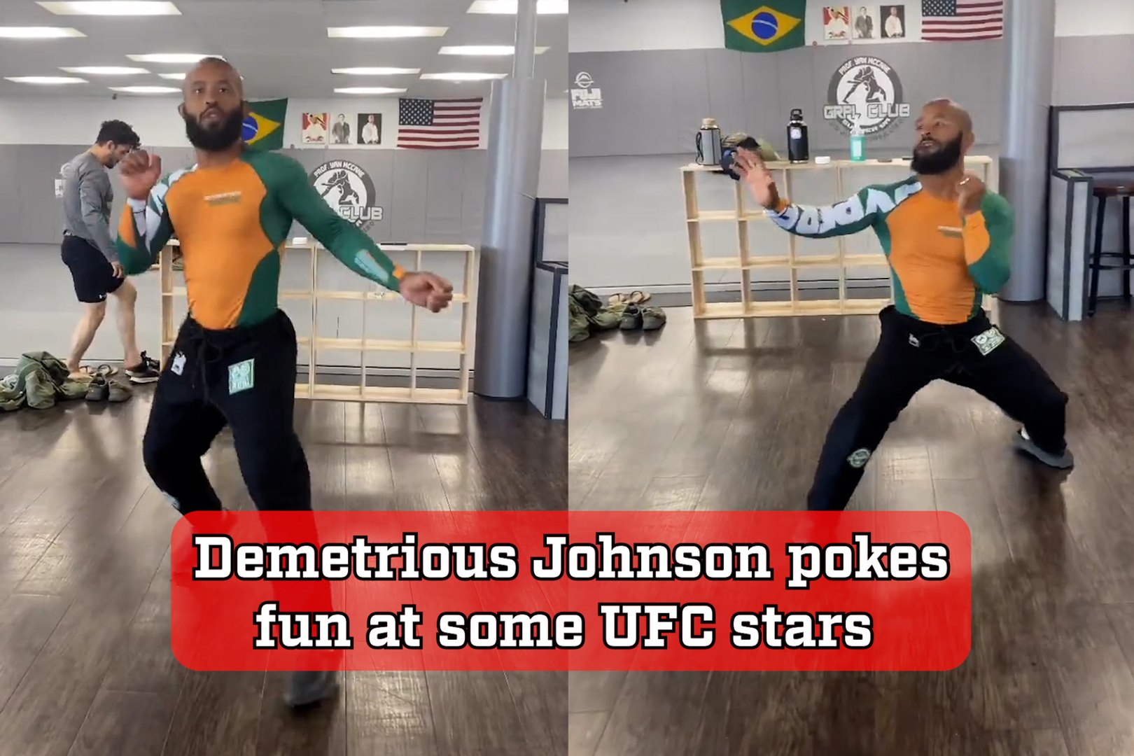 Demetrious Johnson playfully mimics the movements of Conor McGregor, Israel Adesanya, and others