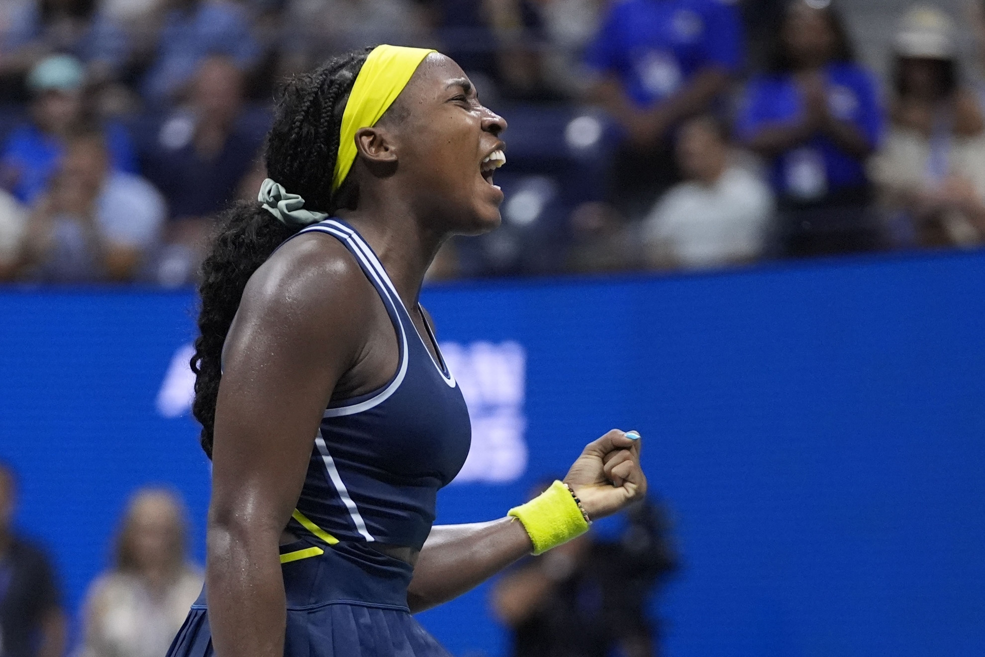 Coco Gauff, of the United States, reacts against Tatjana Maria, of Germany, during a second round match of the U.S. Open.