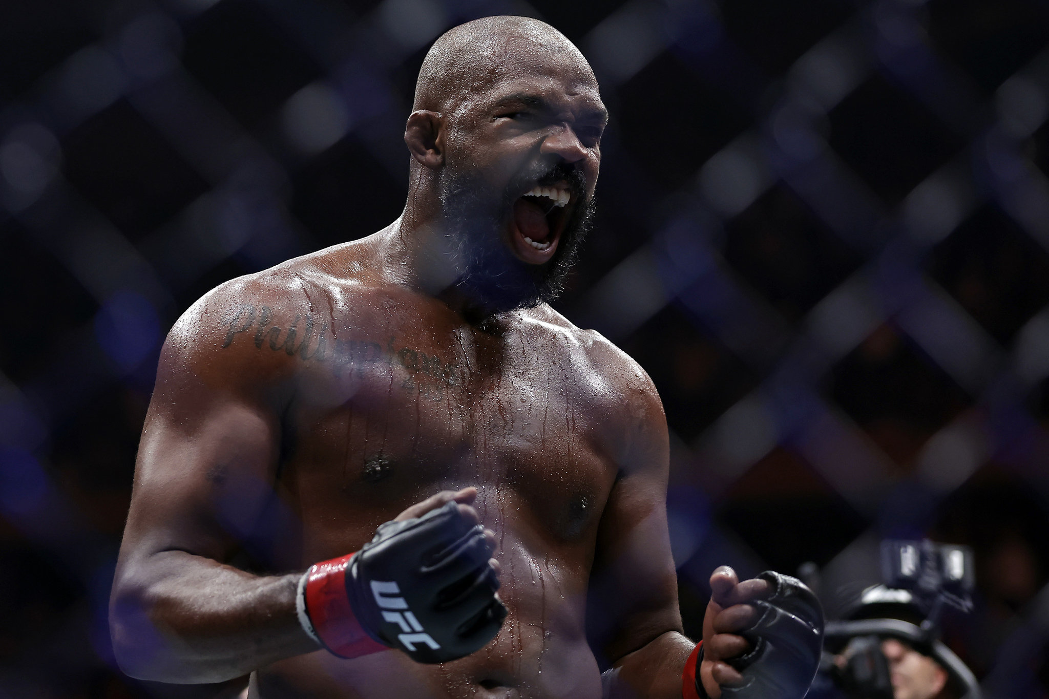 Jon Jones reacts after defeating Stipe Miocic in a UFC 309 mixed martial arts heavyweight title bout, early on Sunday, Nov. 17, 2024, in New YorkJon Jones reacts after defeating Stipe Miocic in a UFC 309 mixed martial arts heavyweight title bout, early on Sunday, Nov. 17, 2024, in New York