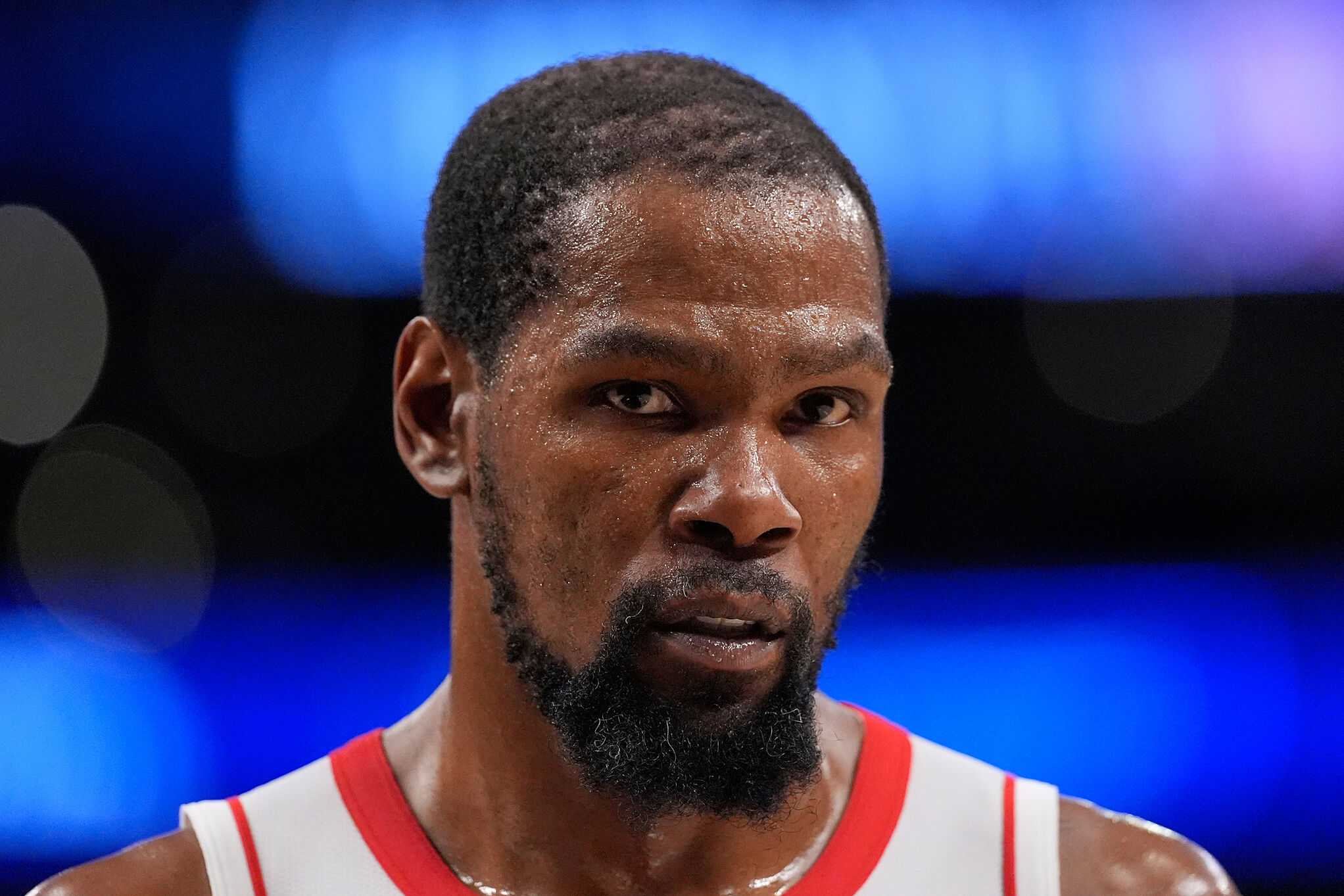 Houston Rockets forward Kevin Durant stands on the court during Game 2 of the first-round NBA playoff series against the Los Angeles Lakers