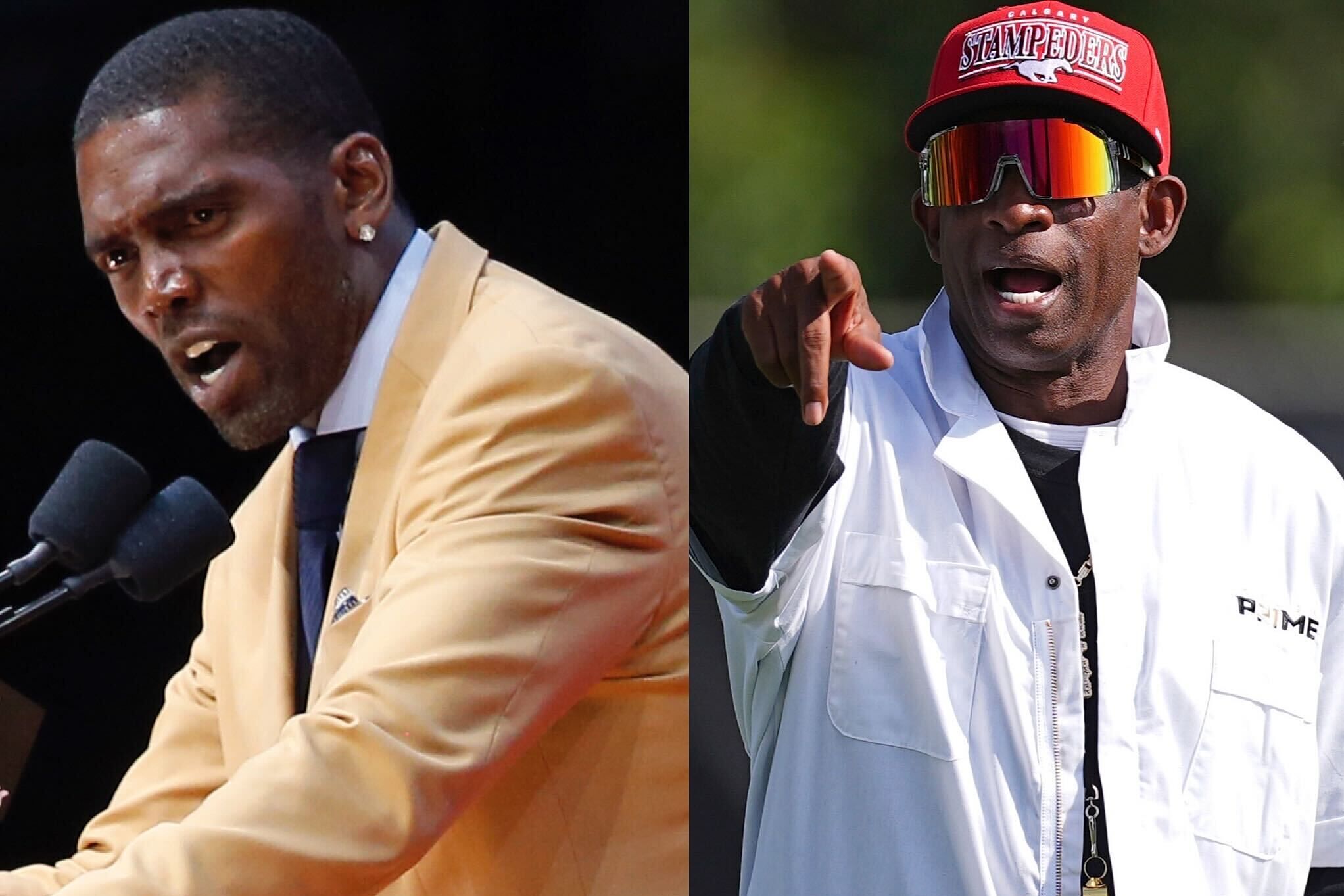 Former NFL player Randy Moss (left) gives a speech at his Pro Football Hall of Fame induction, and Colorado head coach Deion Sanders during football practice