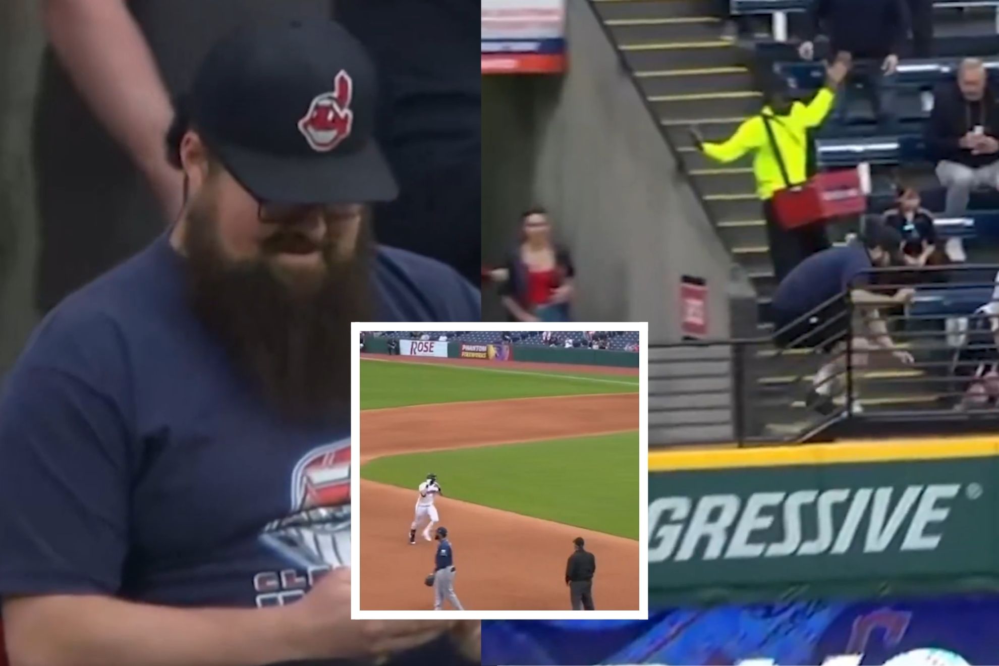 A man steals the ball from a girl during a game between Cleveland Guardians and Tampa Bay Rays