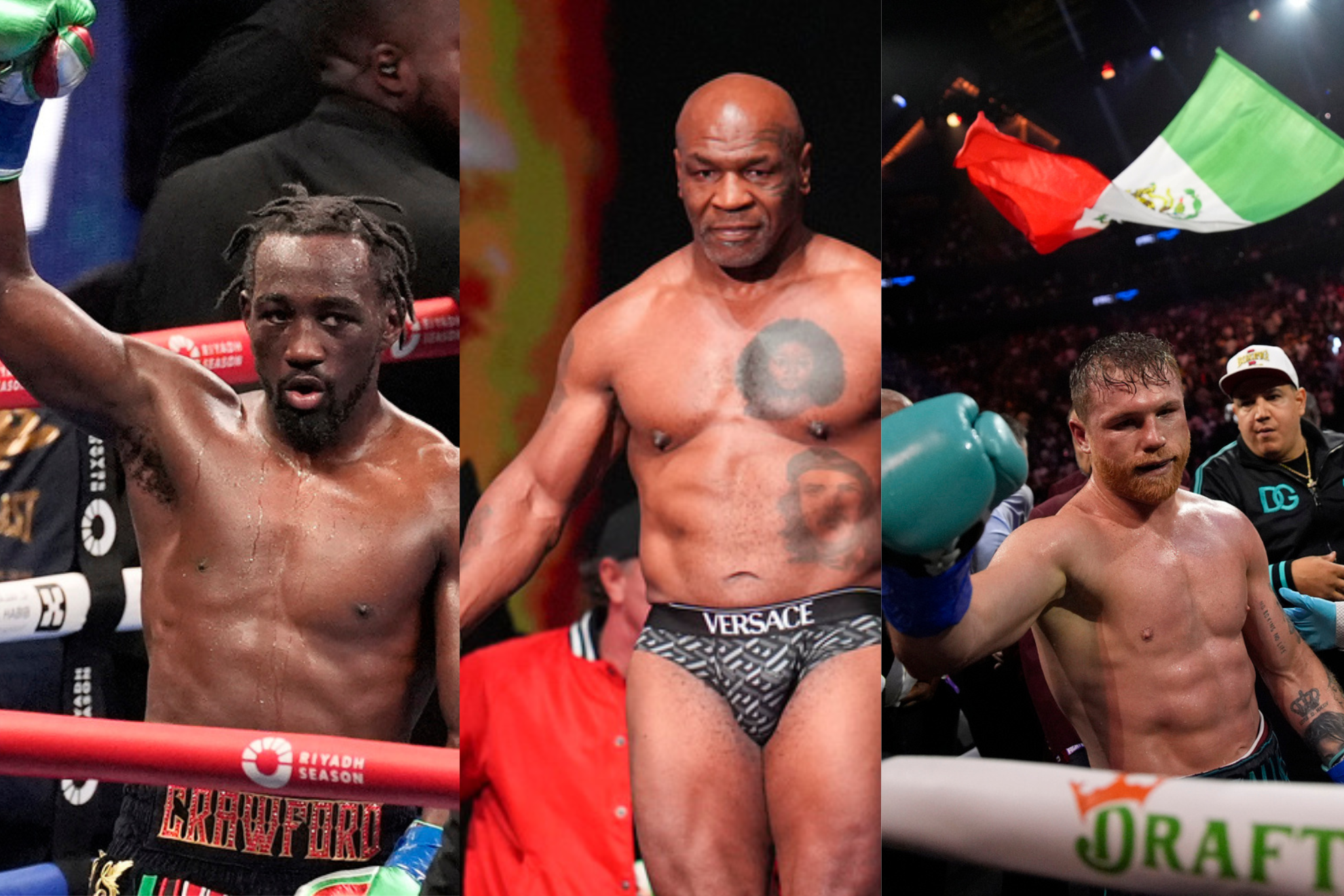A collage of photos of Terence Crawford, Mike Tyson and Canelo Alvarez.
