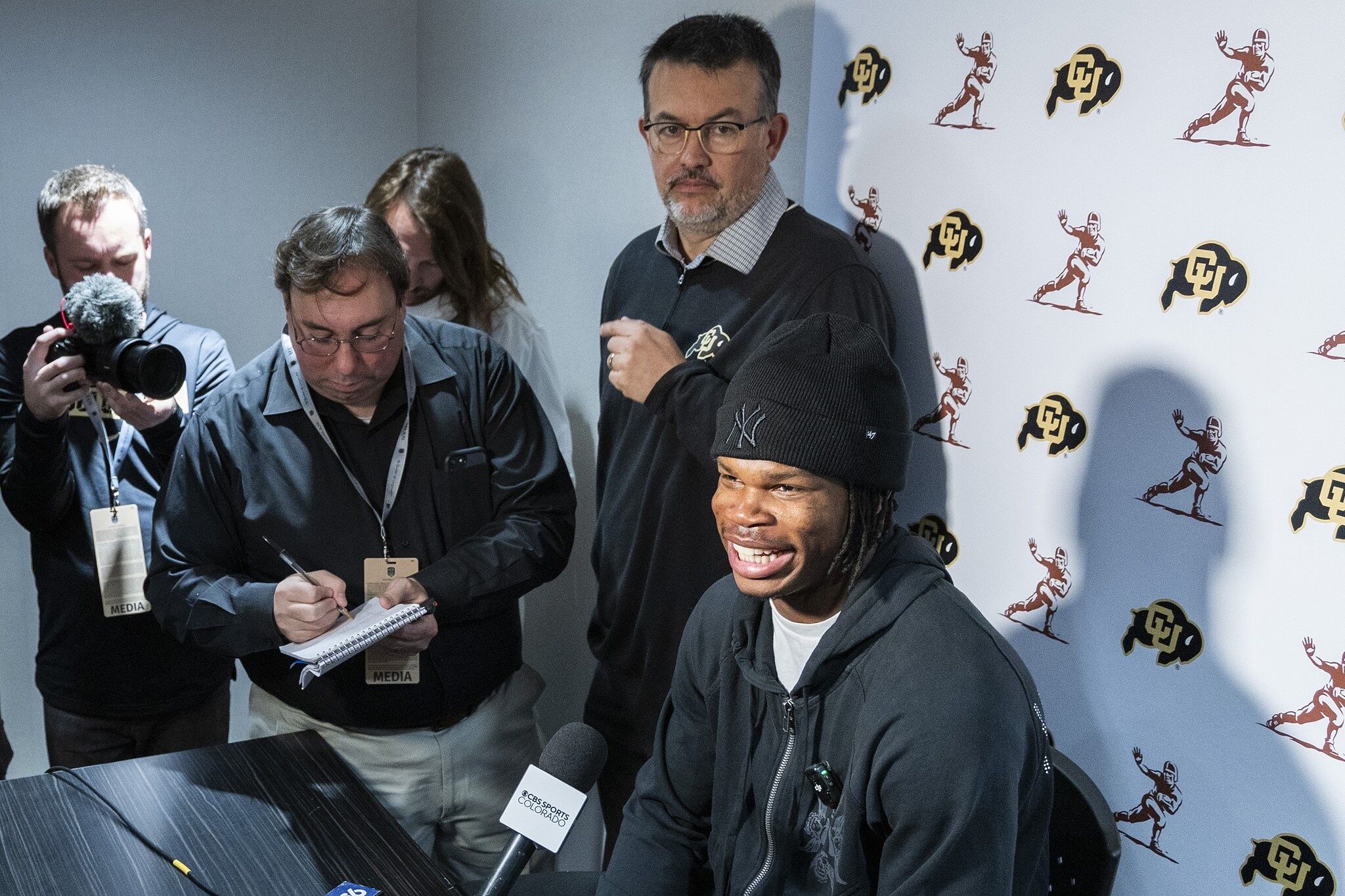 Heisman Trophy winner Travis Hunter,  speaks during a college football media day